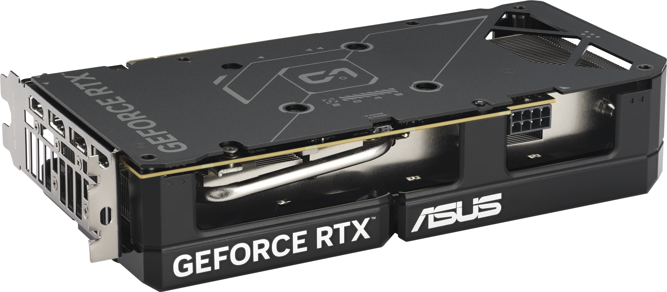 Carte graphique ASUS GeForce RTX noire avec détails arrière et latéraux.