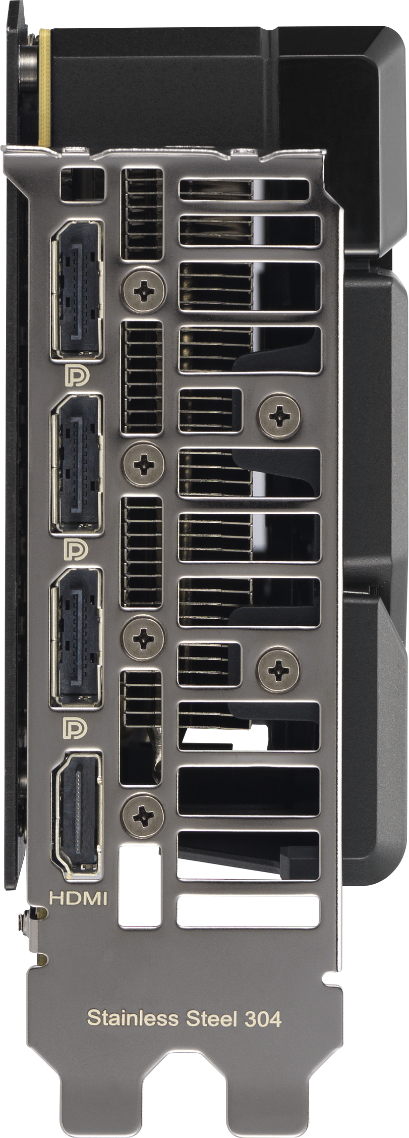Panneau arrière d'une carte graphique. Ports HDMI et d'affichage, métal avec fentes et texte 'Stainless Steel 304'.