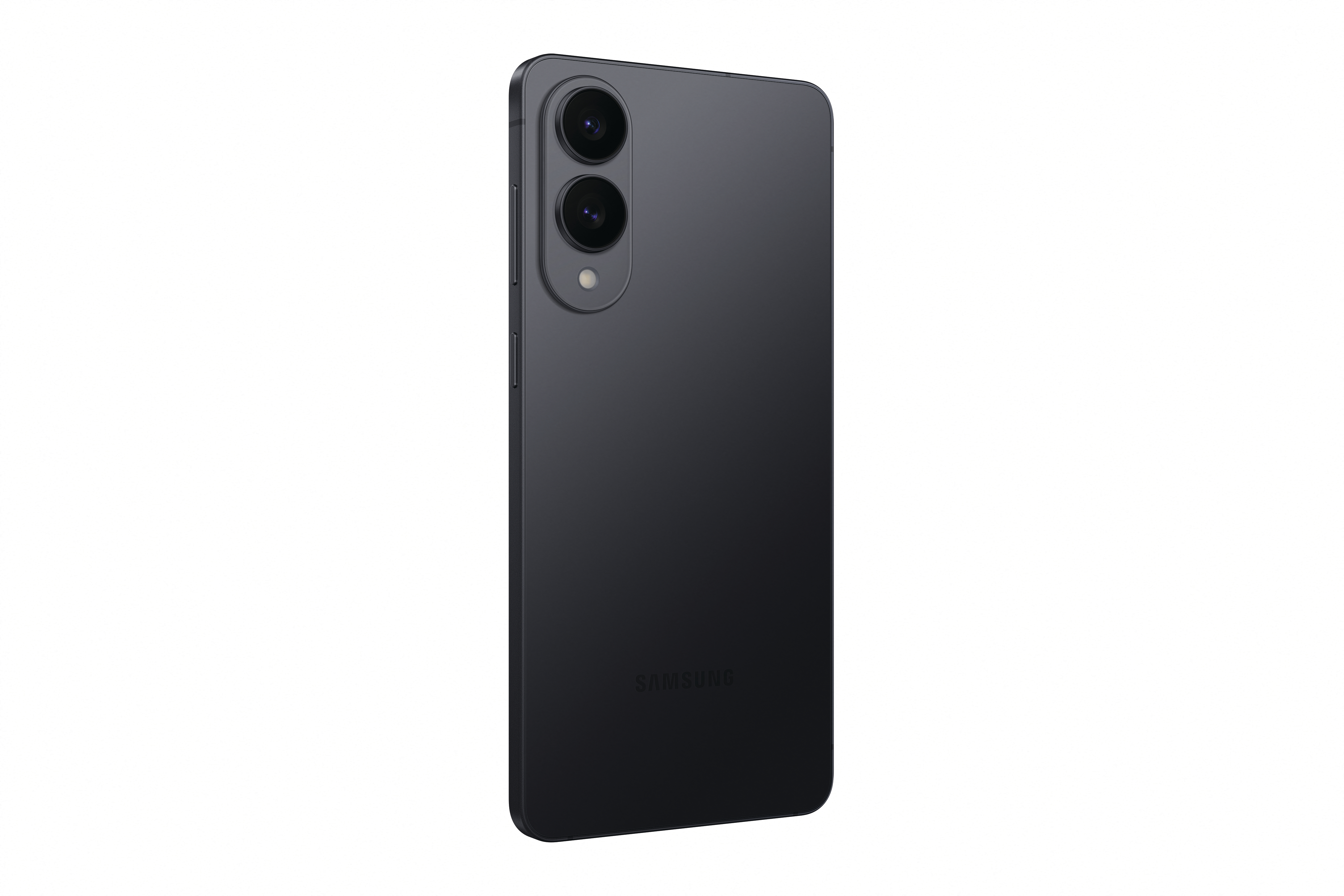 Rückansicht eines schwarzen Smartphones mit zwei Kameras und einem Logo. Weißer Hintergrund.