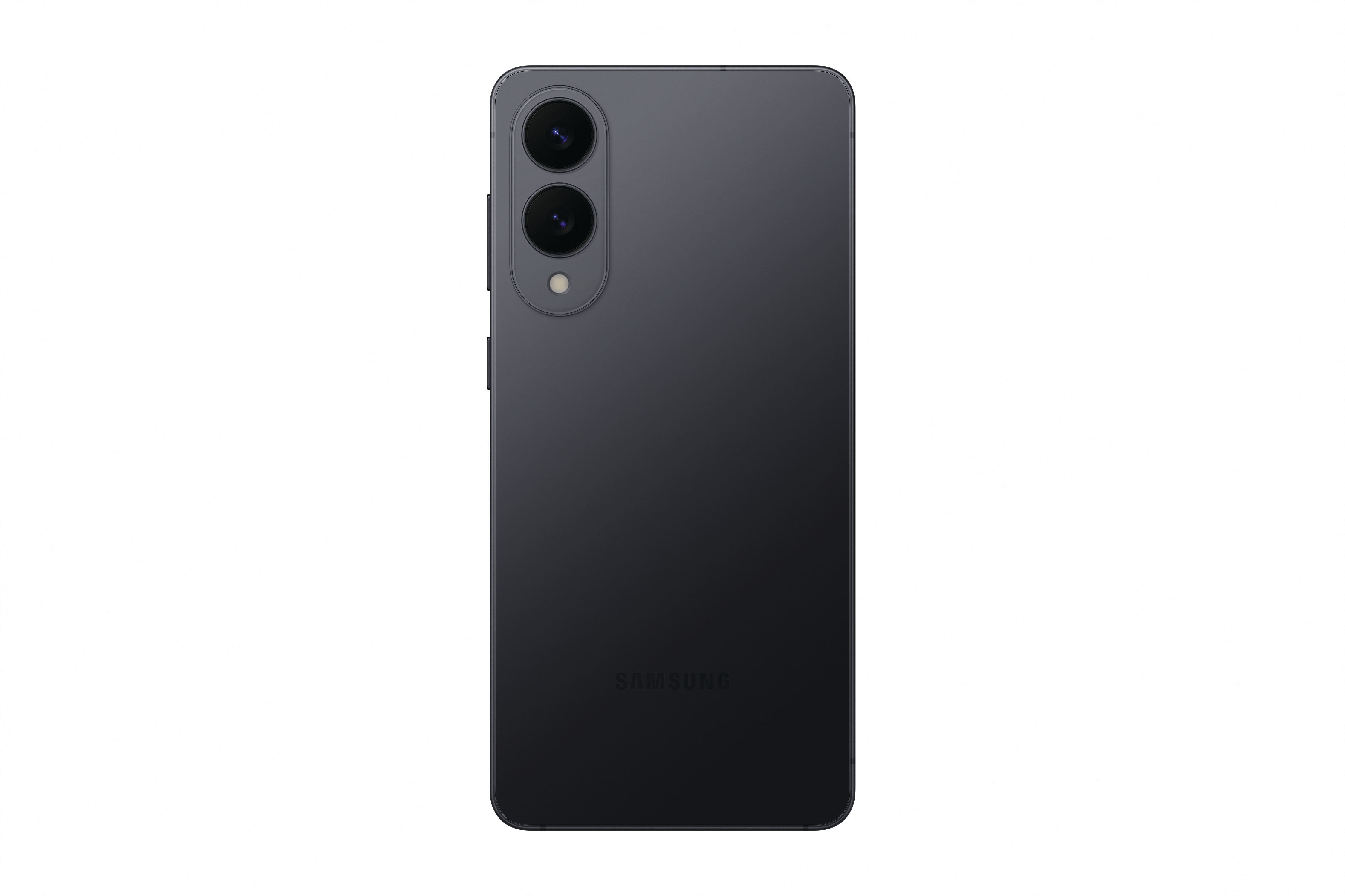 Rückansicht eines schwarzen Smartphones mit zwei Kameras und einem Logo, weißer Hintergrund.