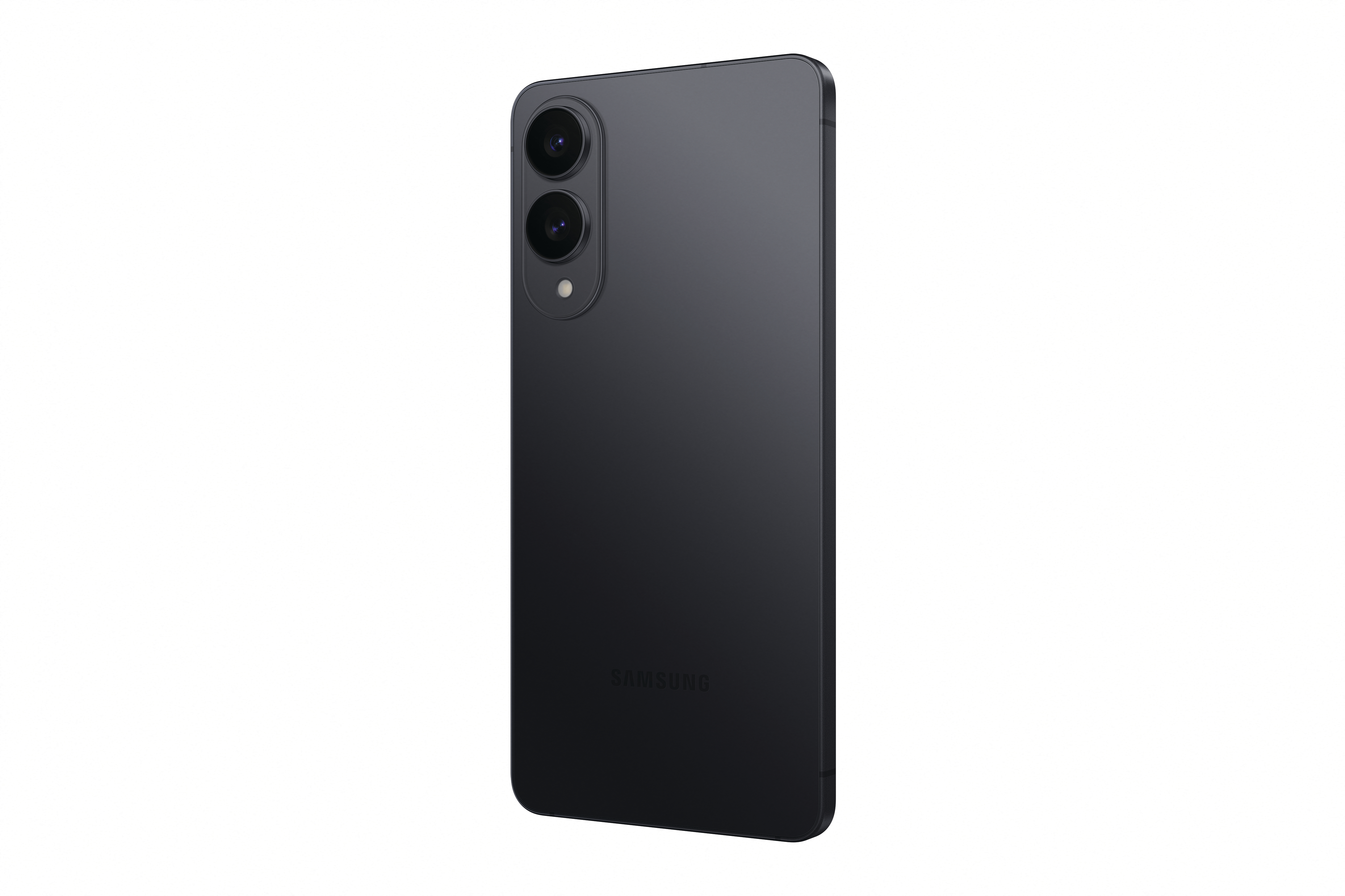 Schwarzes Smartphone-Rückansicht mit Dual-Kameras, Logo und weißem Hintergrund.