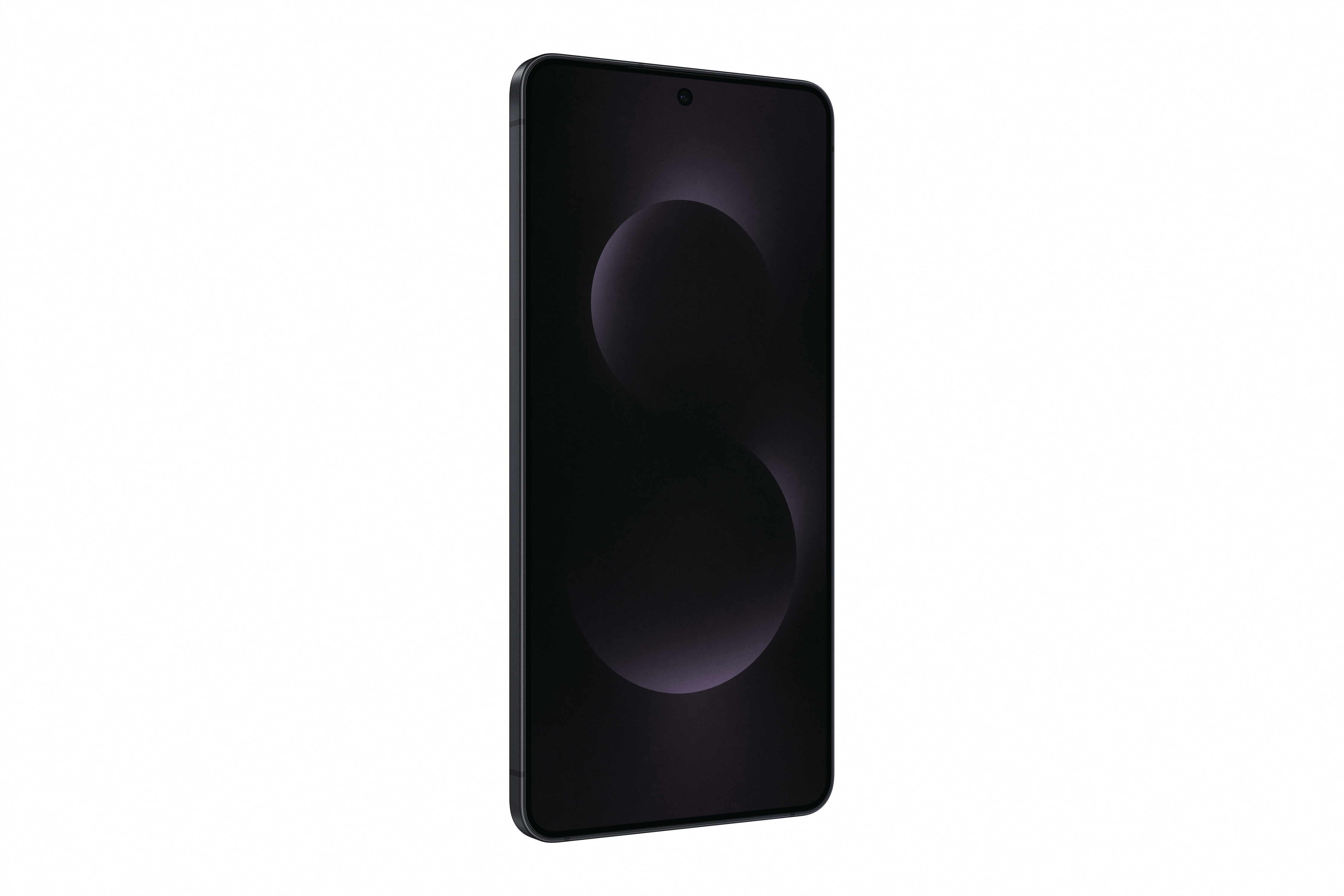Schwarzes Smartphone mit dunklem Display, das ein Design zeigt, weißer Hintergrund.