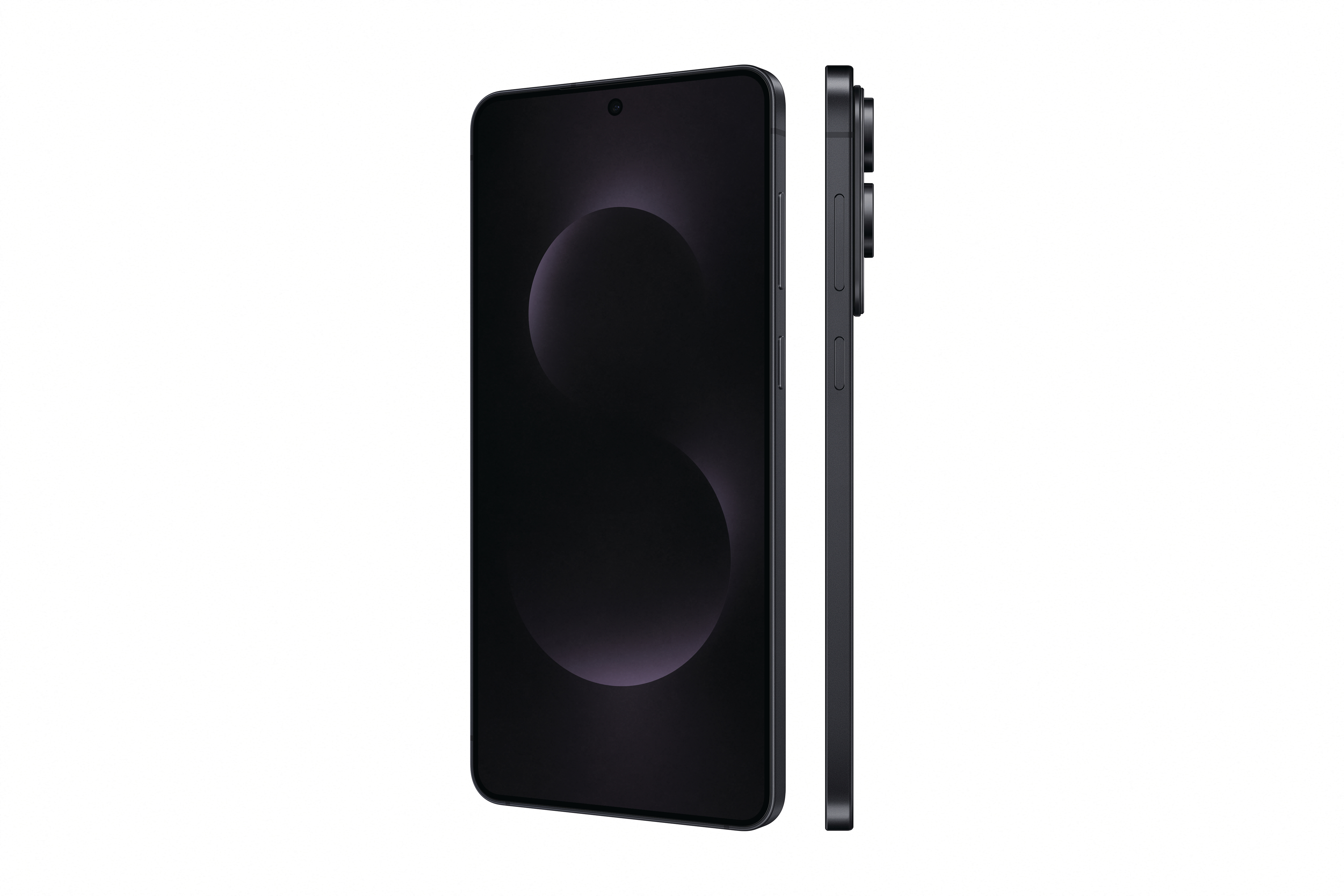 Schwarzes Smartphone mit dunklem Bildschirm, Seitenansicht.