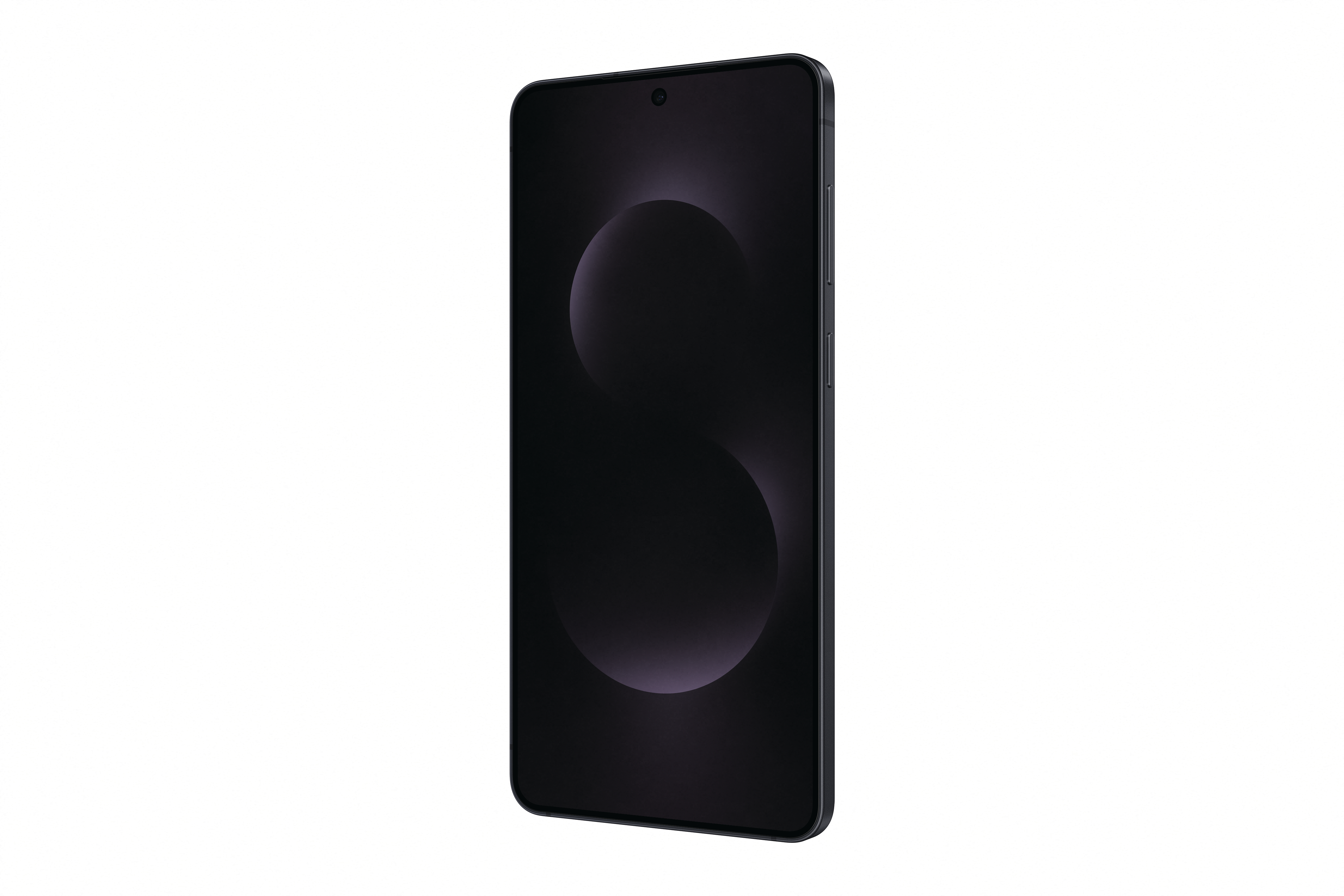 Schwarzes Smartphone mit Design auf dem Bildschirm, weißer Hintergrund.