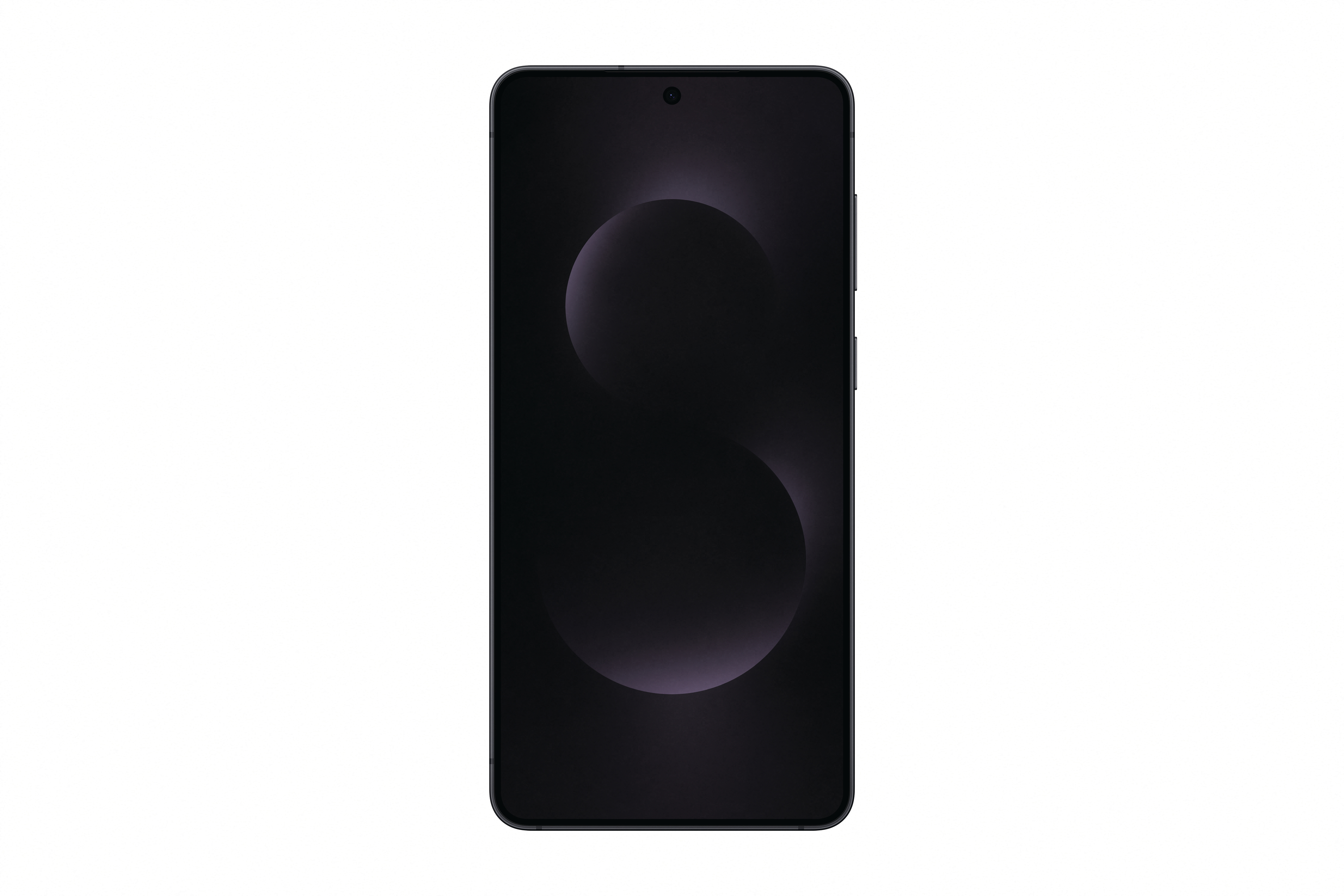 Schwarzes Smartphone mit dunklem Bildschirm, Frontkamera und weißem Hintergrund.
