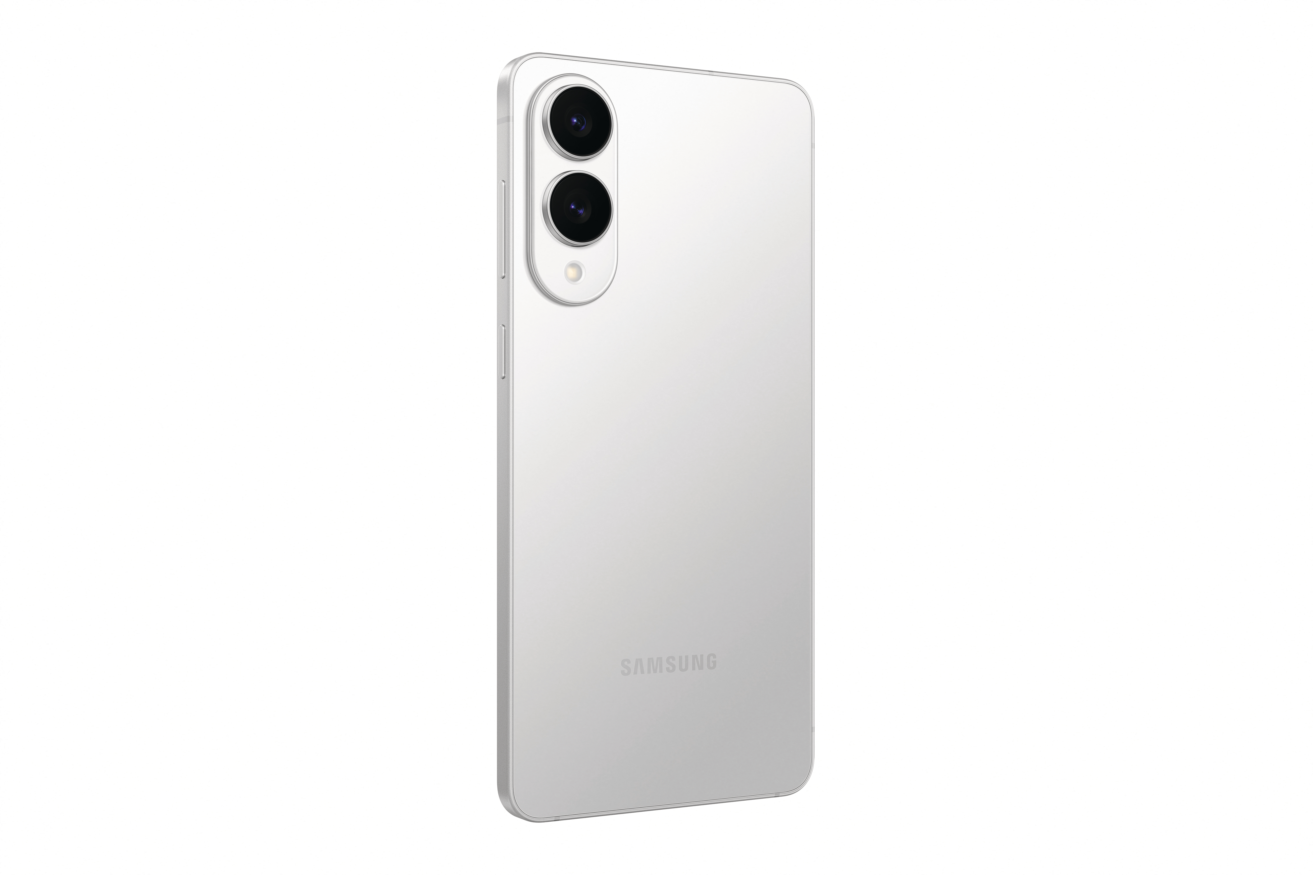 Rückansicht eines silbernen Smartphones mit Dual-Kameras und Logo, weißer Hintergrund.