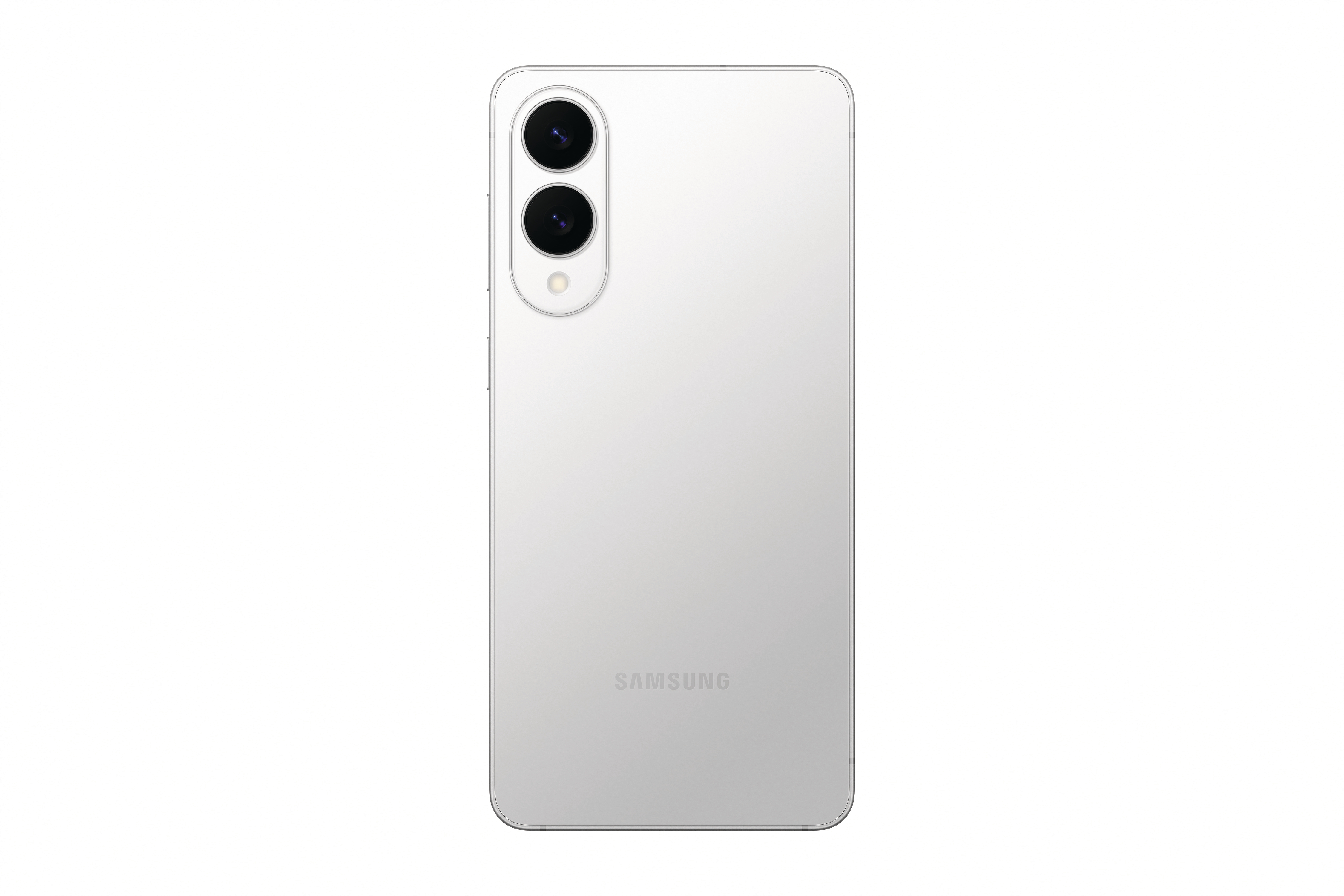 Rückansicht eines silbernen Smartphones mit Dual-Kameras und Logo, weißer Hintergrund.