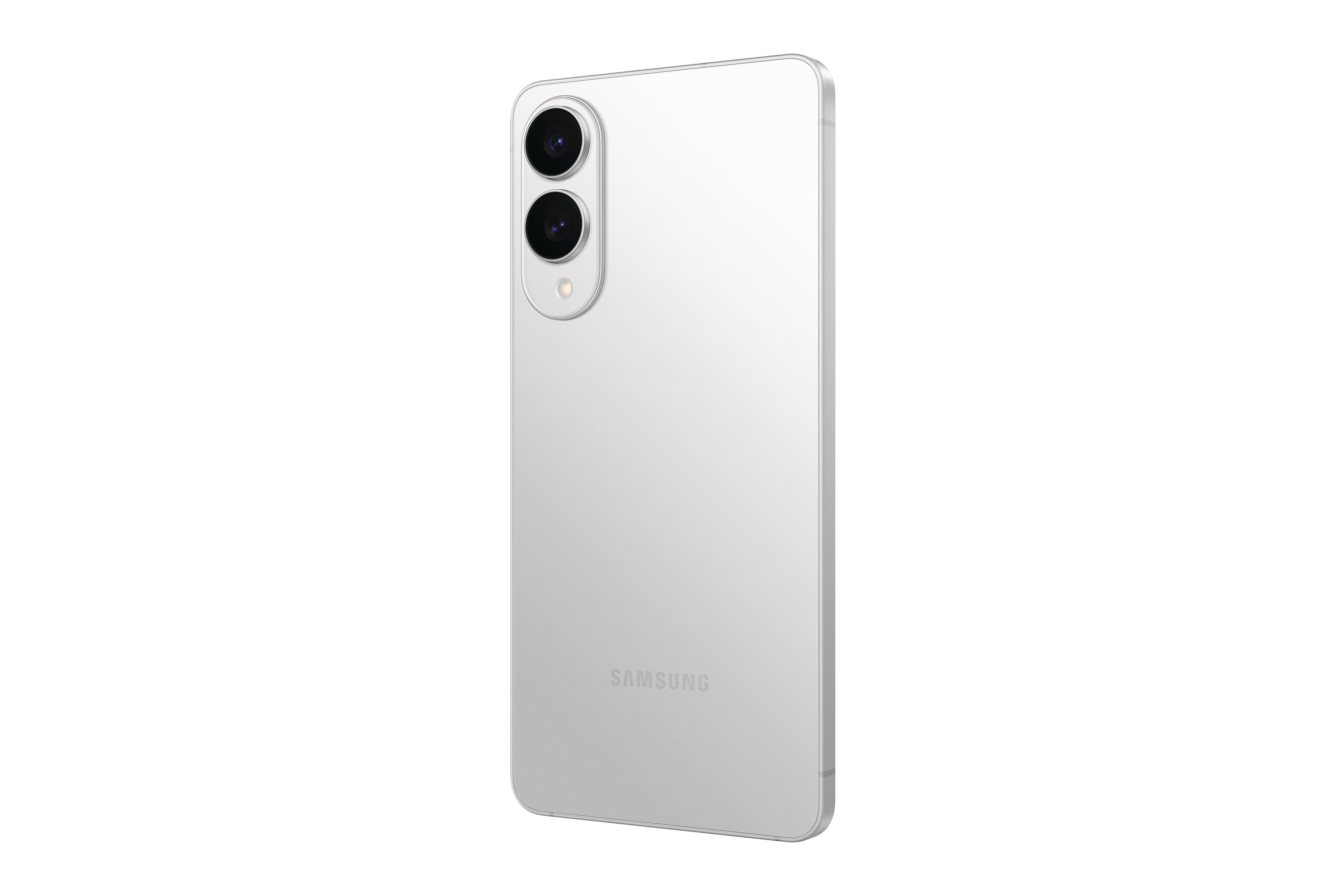 Rückansicht eines silbernen Smartphones mit Dual-Kameras und Logo, weißer Hintergrund.