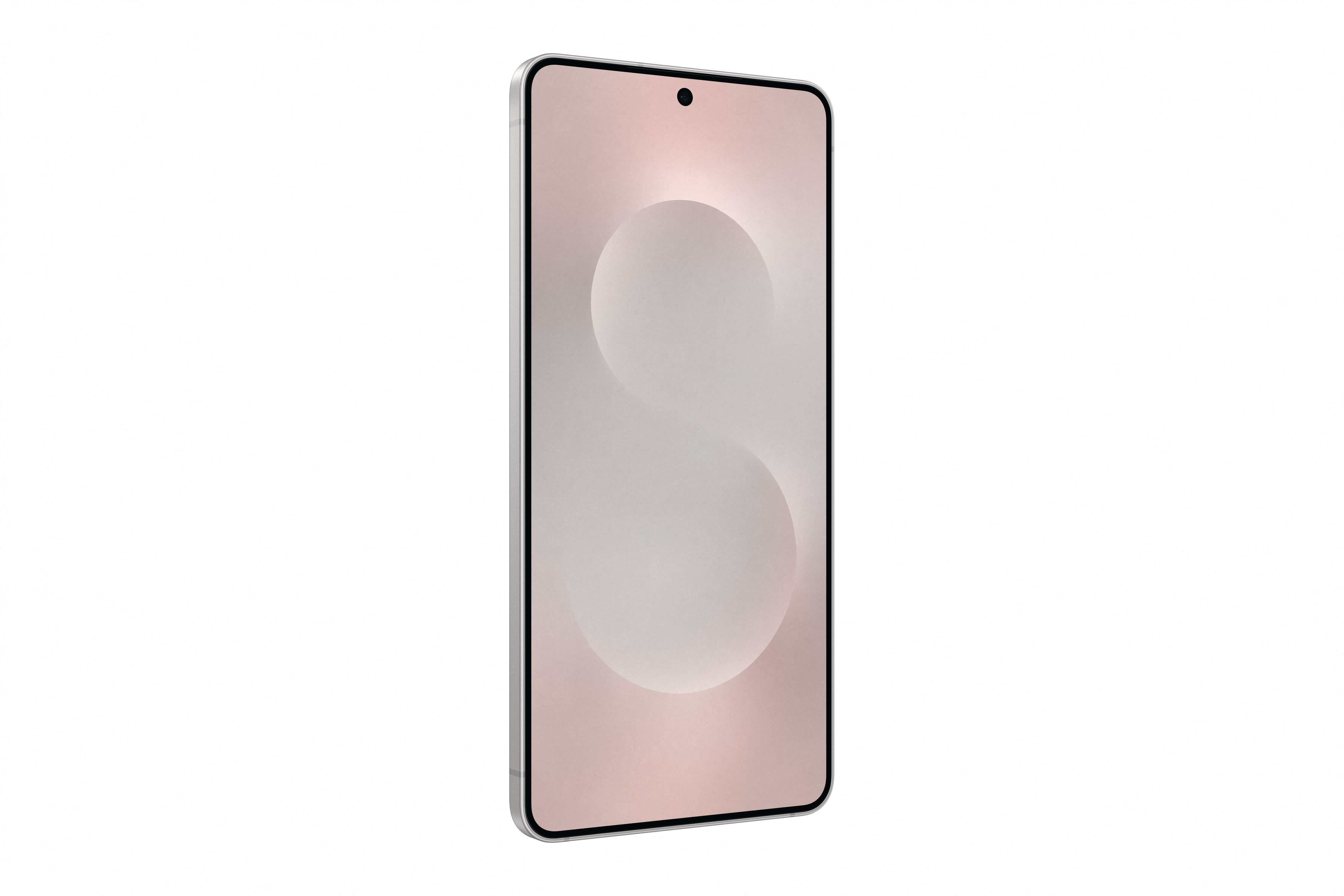 Silbernes Smartphone mit Design auf dem Bildschirm, weißer Hintergrund.