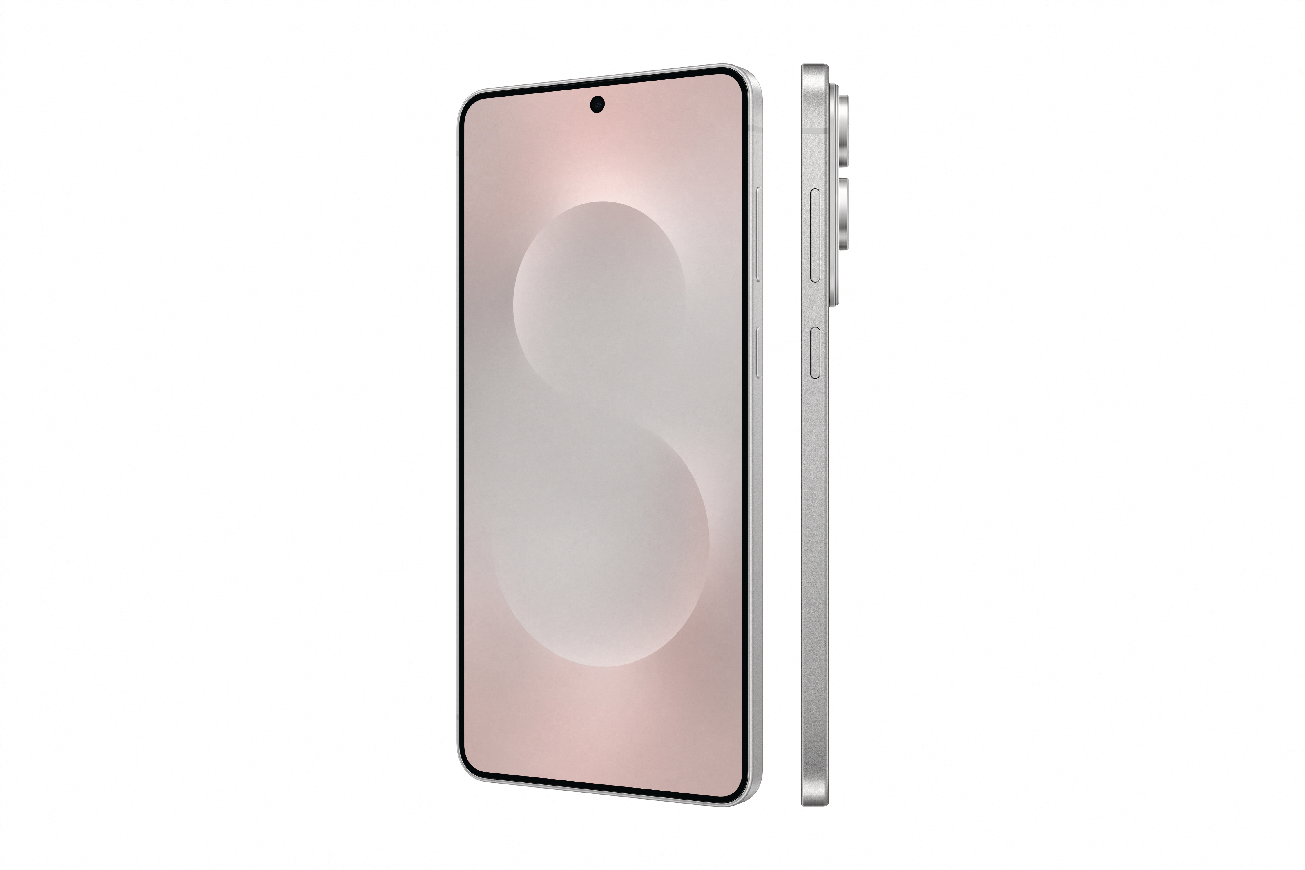 Silbernes Smartphone mit hellrosa Bildschirm, Seitenansicht.