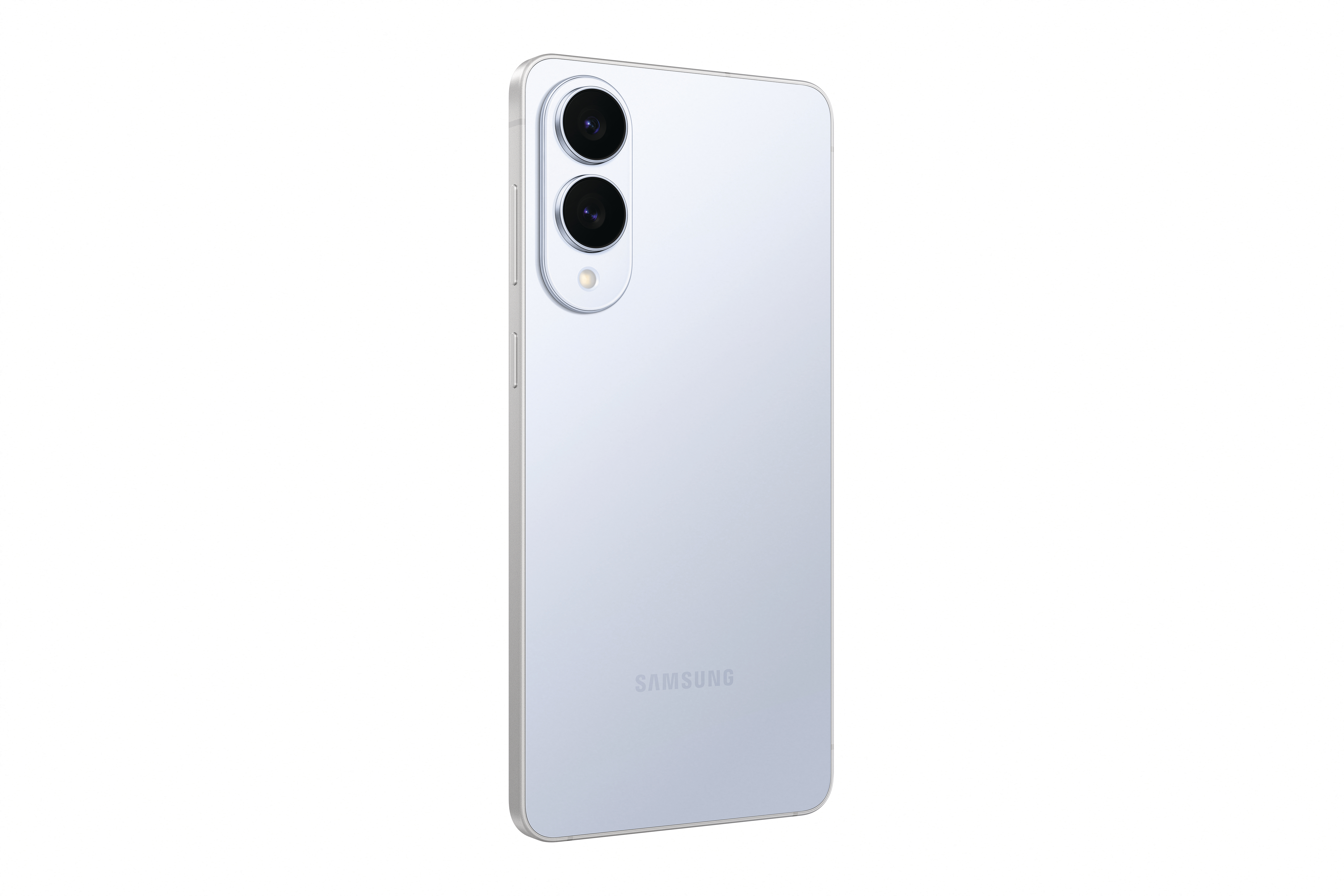 Hellblaues Smartphone-Rückseite mit zwei Kameras. Das Samsung-Logo ist sichtbar.