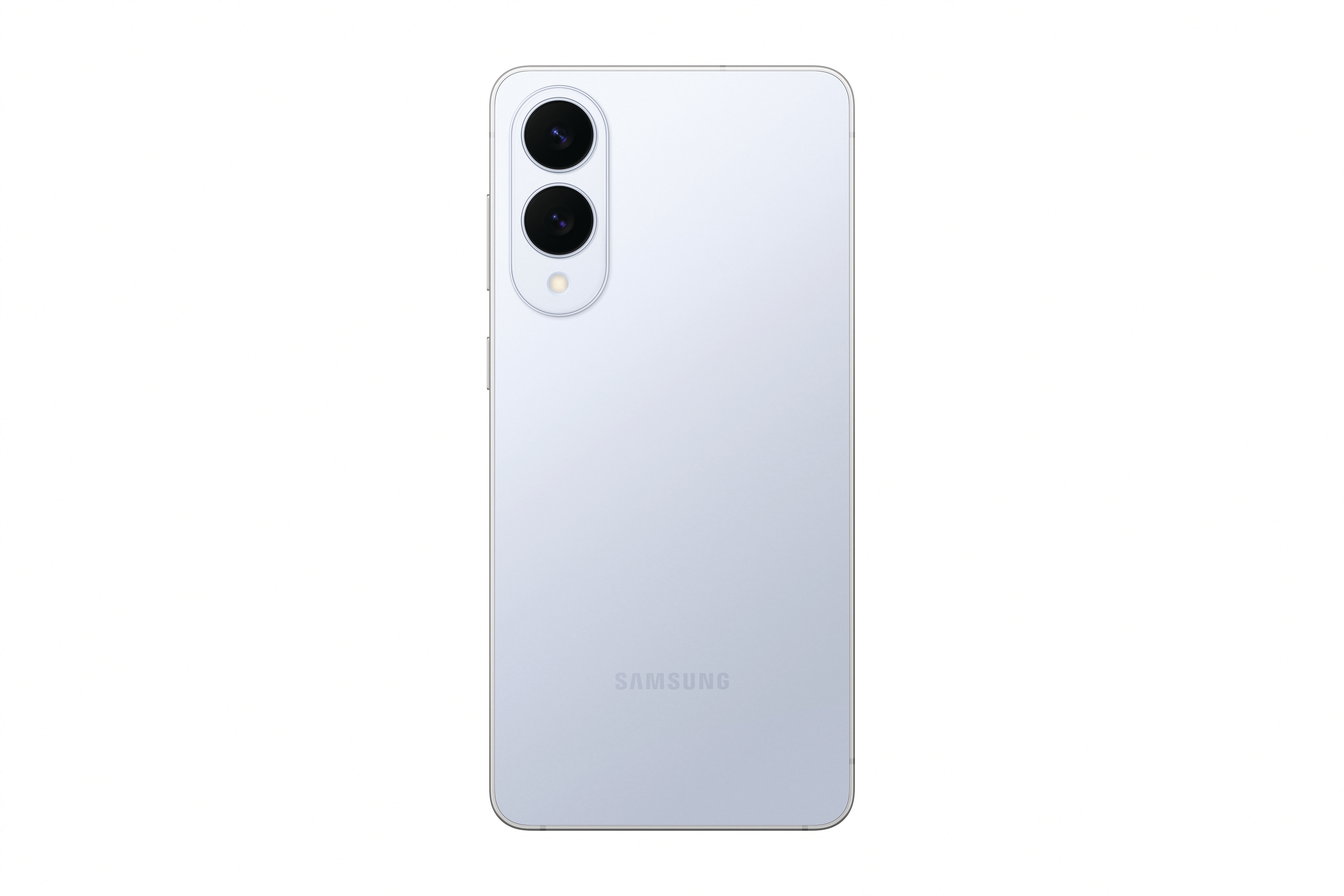 Hellblaue Smartphone-Rückseite mit zwei Kameras und dem Samsung-Logo.