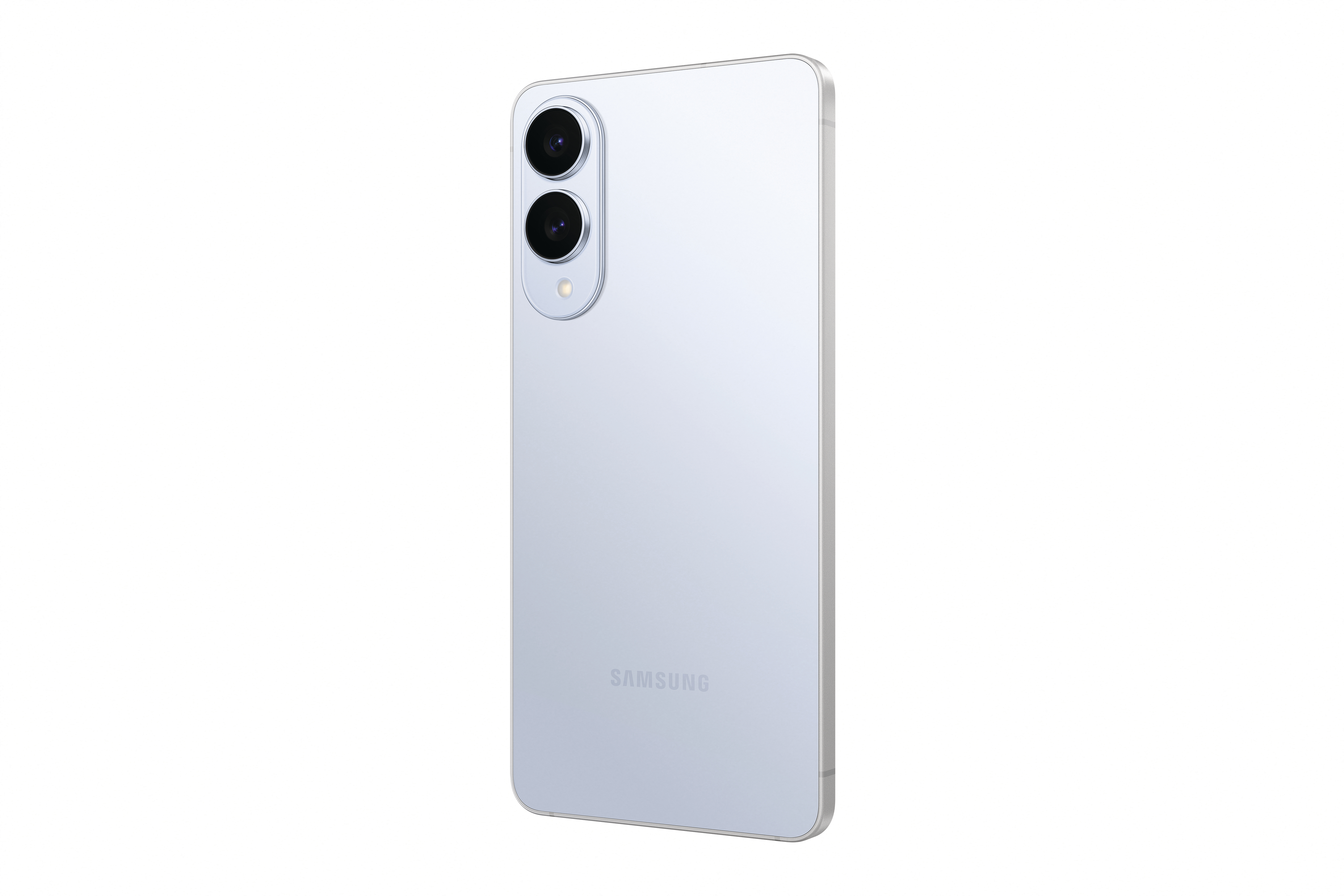 Hellblaue Smartphone-Rückseite mit zwei Kameras. Das Samsung-Logo ist sichtbar.