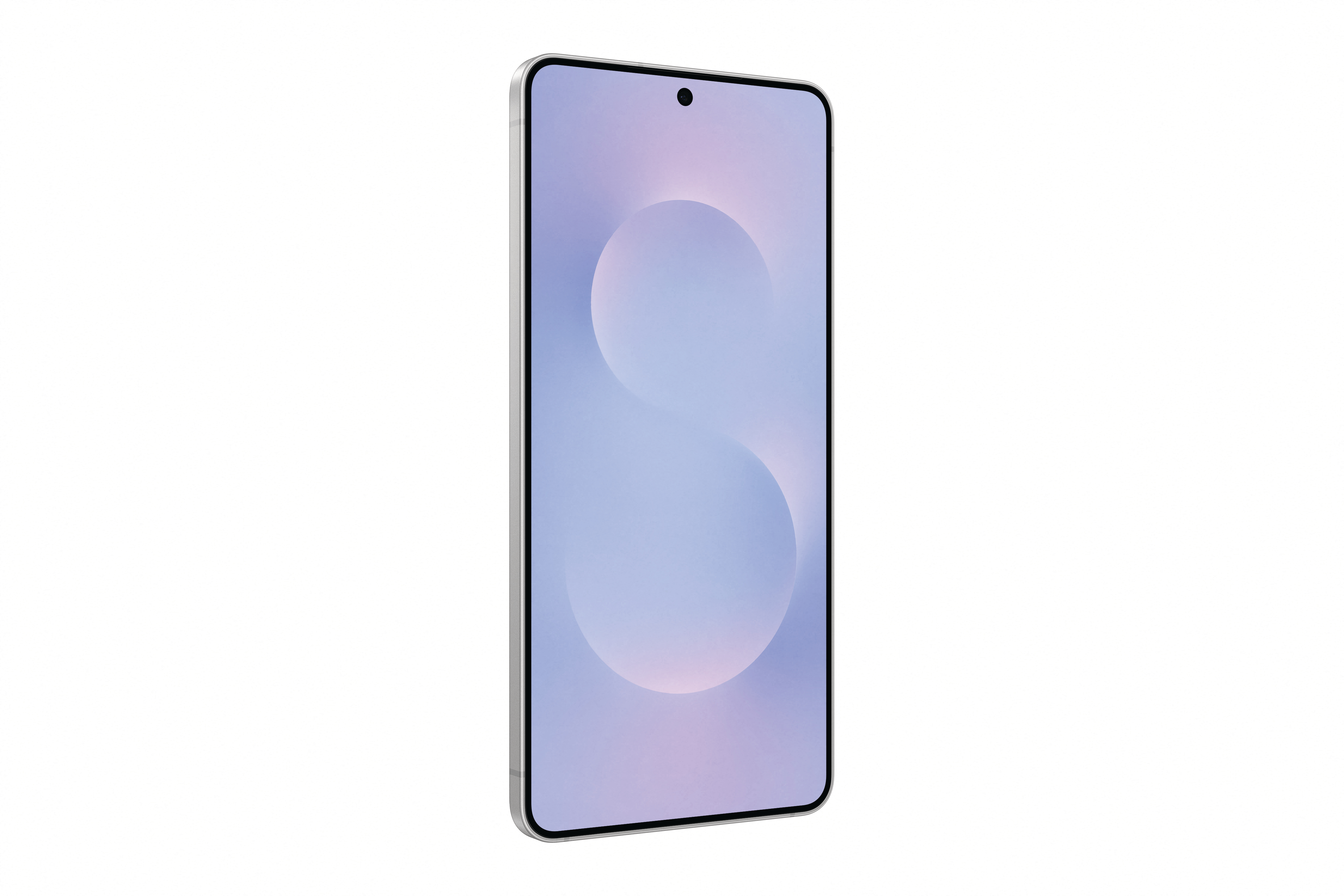 Smartphone mit rosa-weißem Bildschirmdesign, abgewinkelt auf weißem Hintergrund.