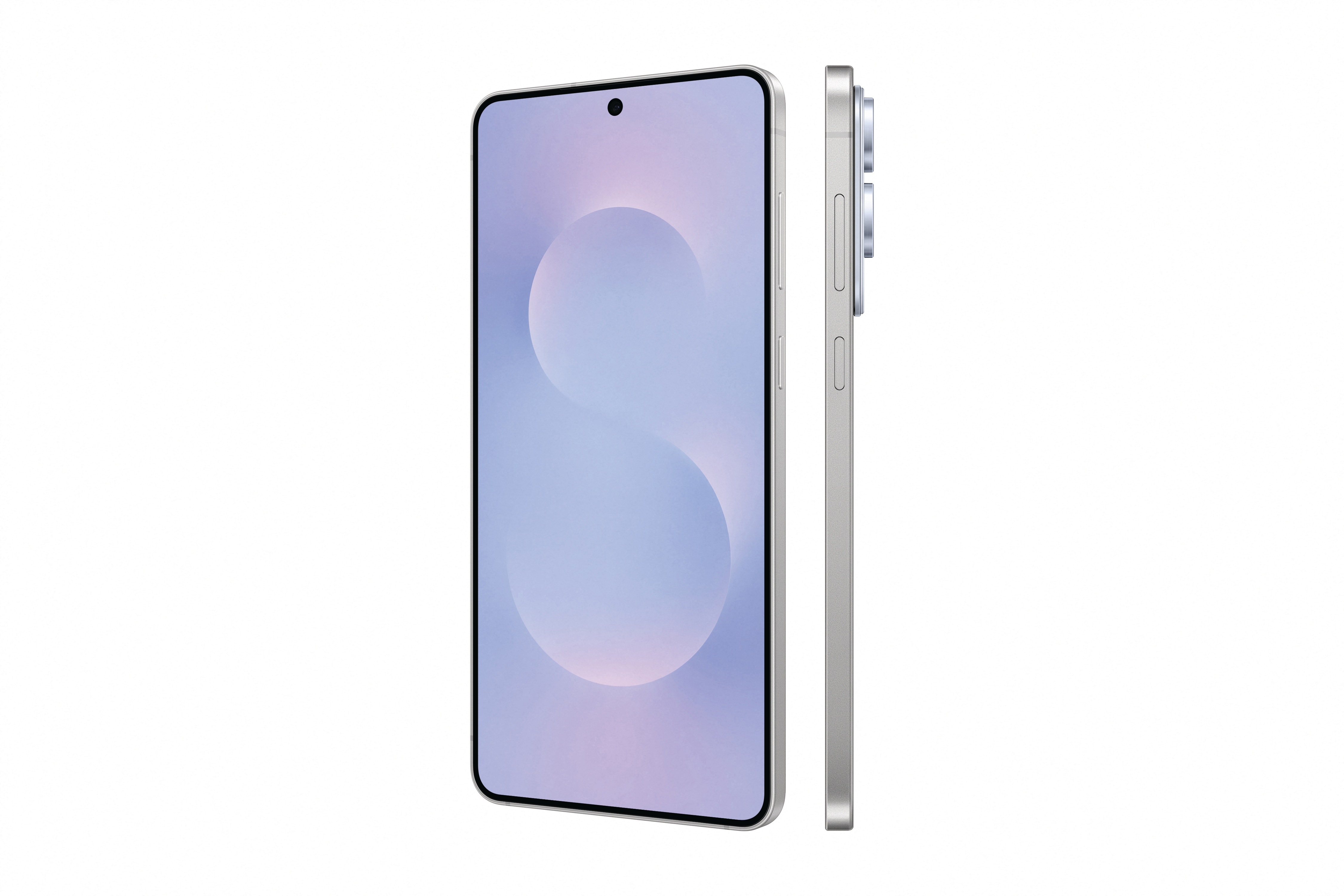 Ein silbernes Smartphone mit hellblauem Bildschirm, Seitenansicht.