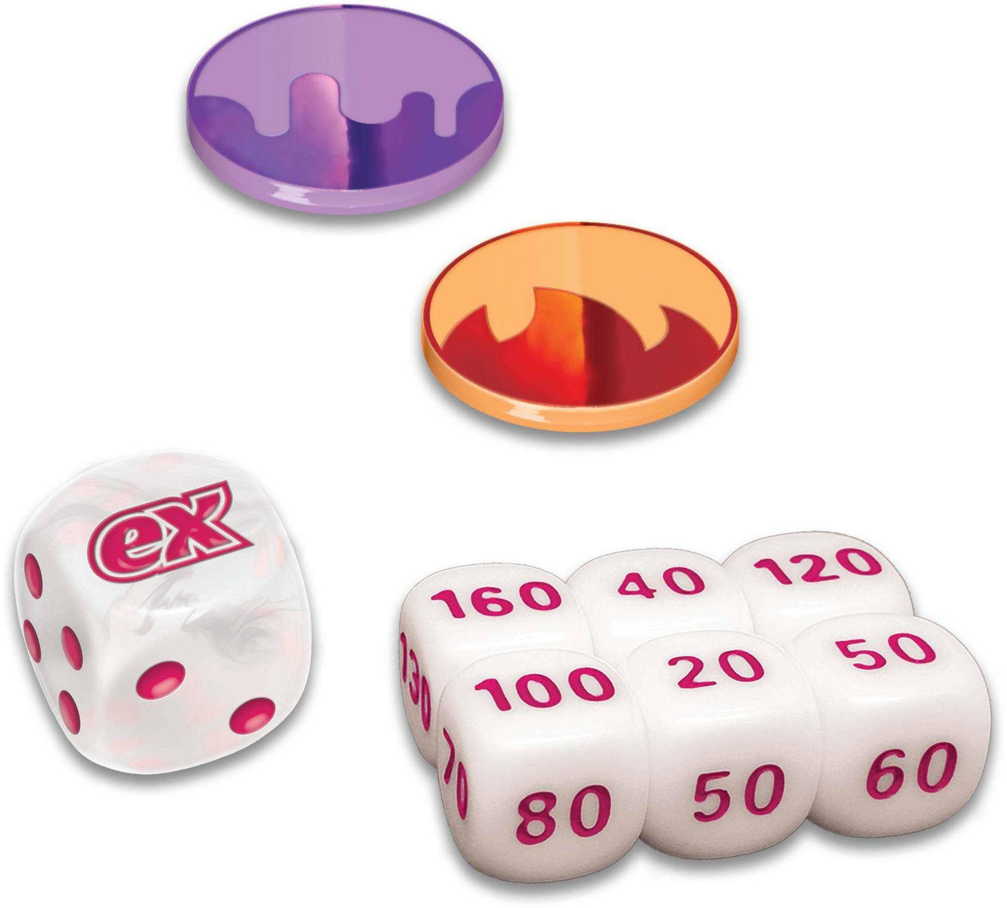Würfel, Münzen und Schadenszähler für ein Kartenspiel auf weißem Hintergrund.