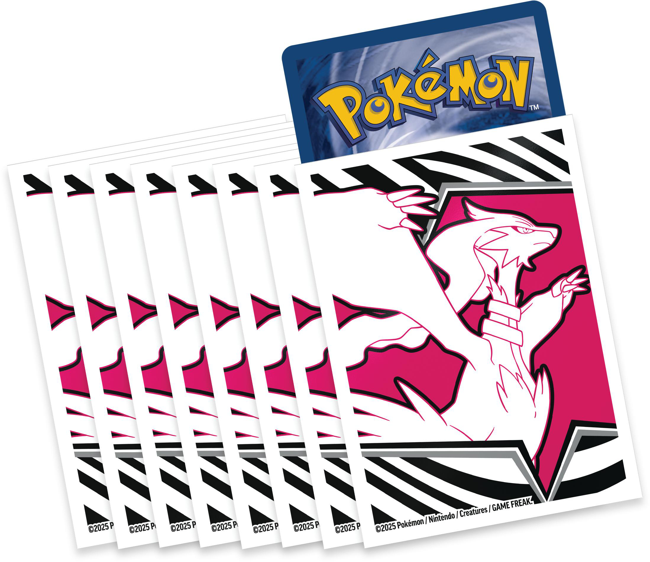 Weiße und rosa Pokemon-Kartenhüllen mit einem Drachenbild und einer blauen Pokemon-Karte oben.