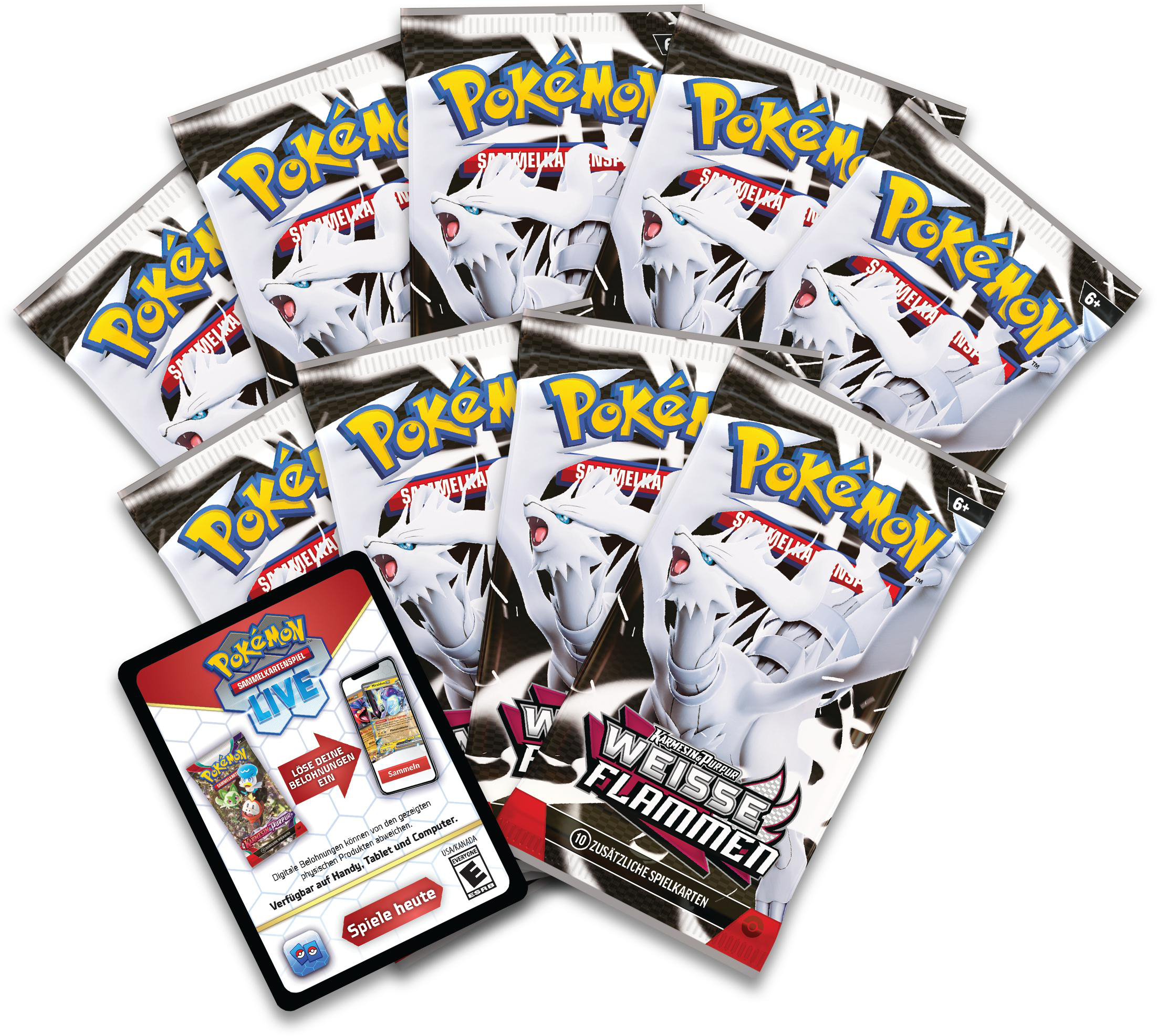 Pokemon-Kartenpacks mit weißem Drachenbild und eine Werbekarte auf weißem Hintergrund.