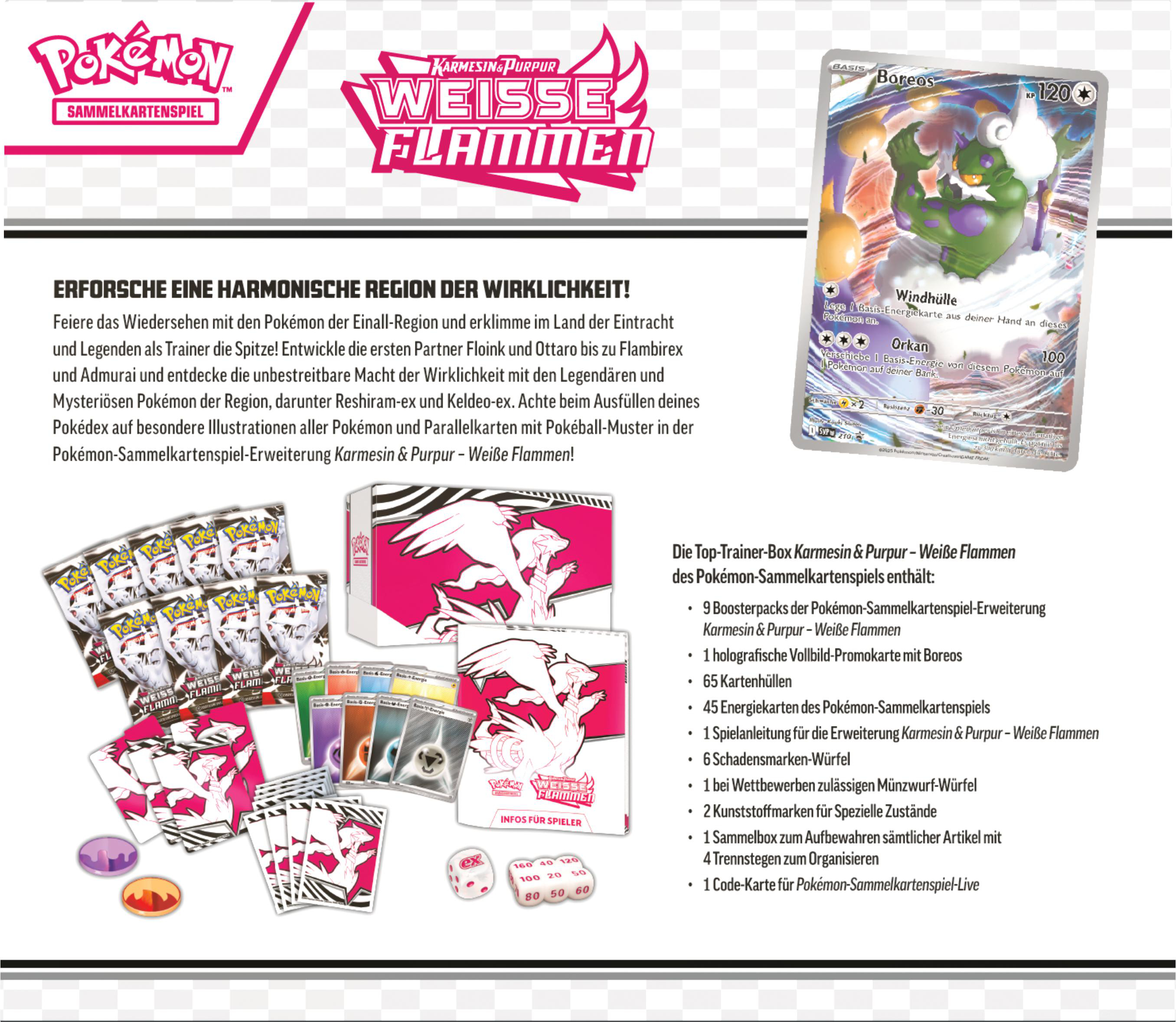 Pokemon-Kartenspiel-Display mit Text, Karten, Würfeln und Zubehör, alles auf weißer Oberfläche.