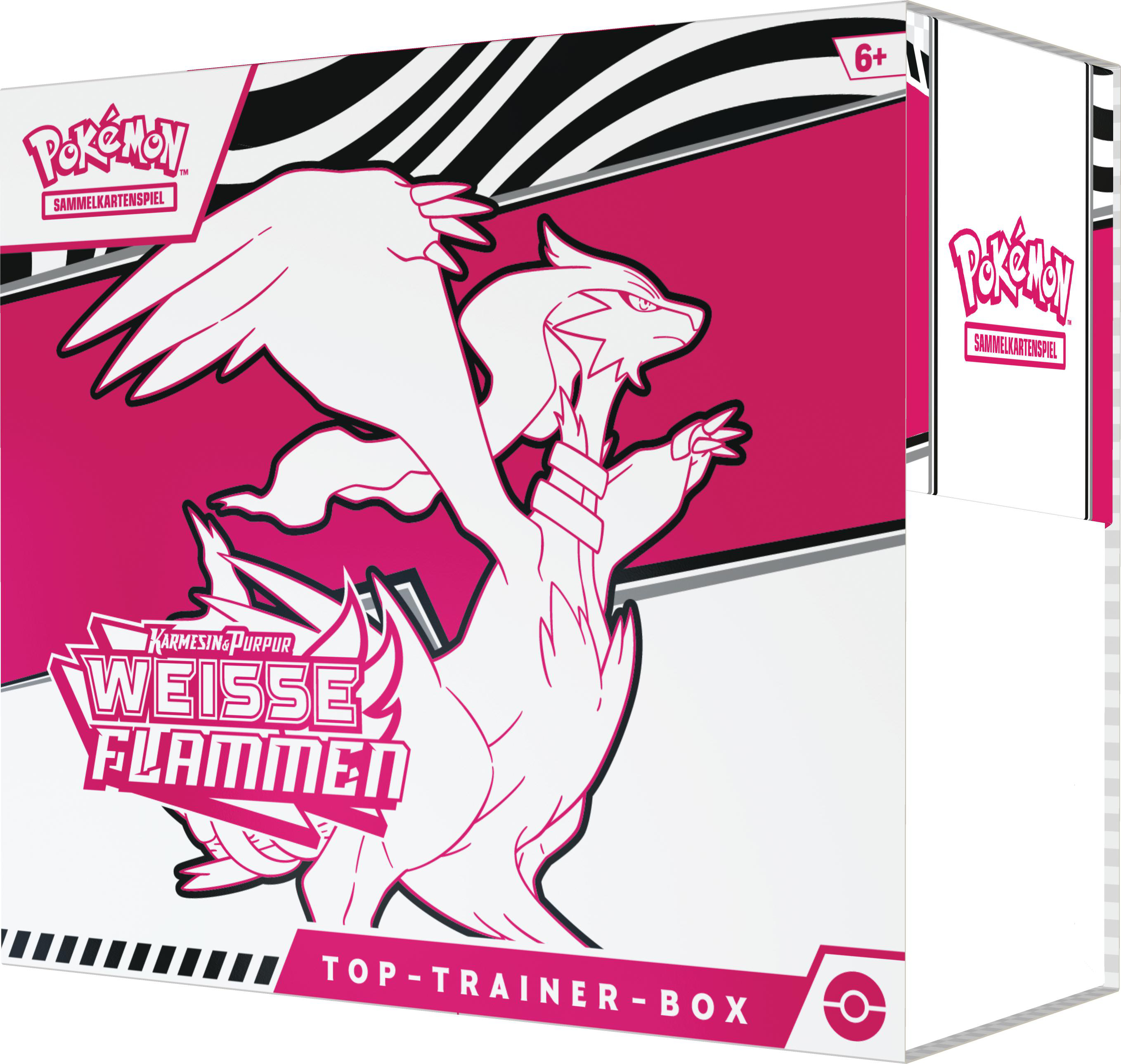 Eine weiße und rosa Pokemon Top-Trainer-Box mit einem Drachenbild und schwarzen Streifen.