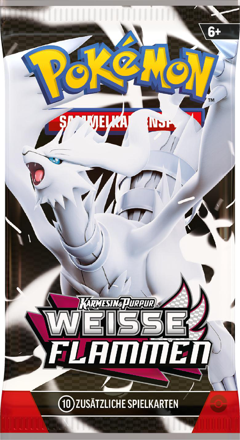 Pokemon-Kartenpackung mit weißem Drachen auf weißem Hintergrund und 6+ Altersangabe.