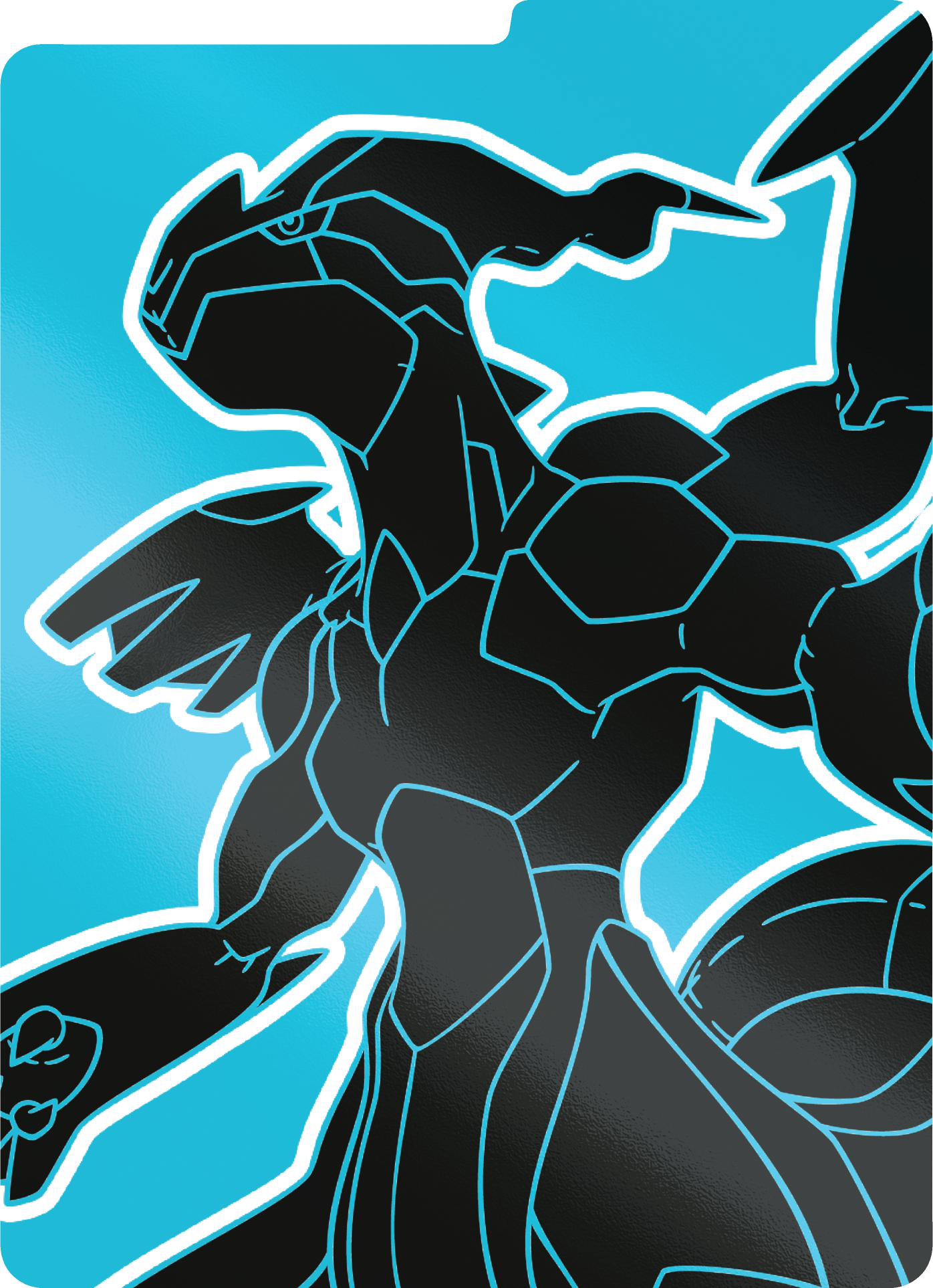 Eine Pokemon-Karte mit einem schwarzen Drachendesign vor blauem Hintergrund.