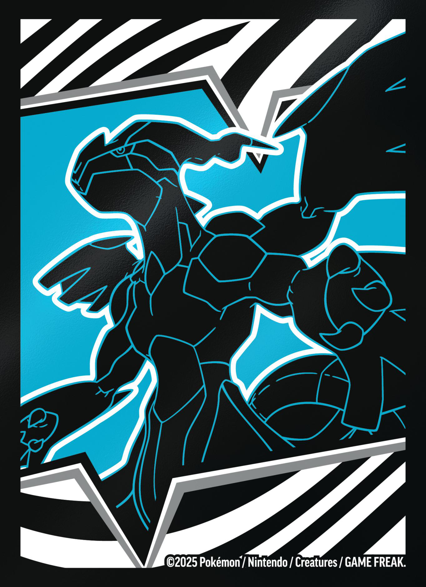 Pokemon-Karte mit schwarzem Drachen, blauem Hintergrund und weiß-schwarzem Rand.