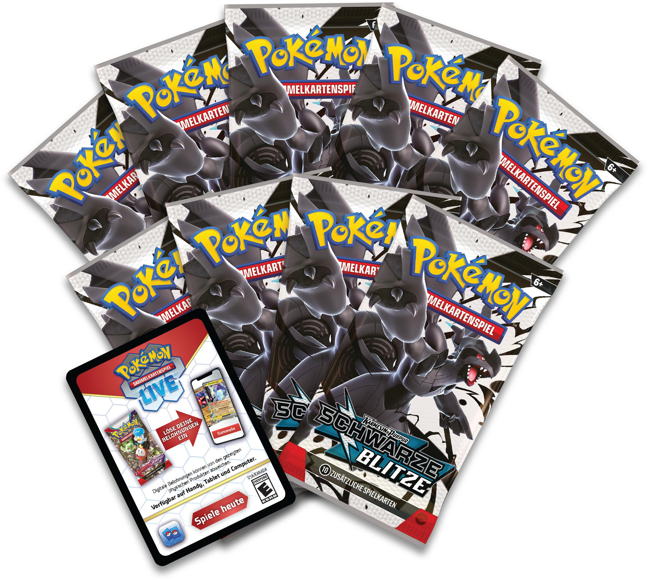Ein Stapel Pokemon-Kartenpackungen und eine Werbekarte.