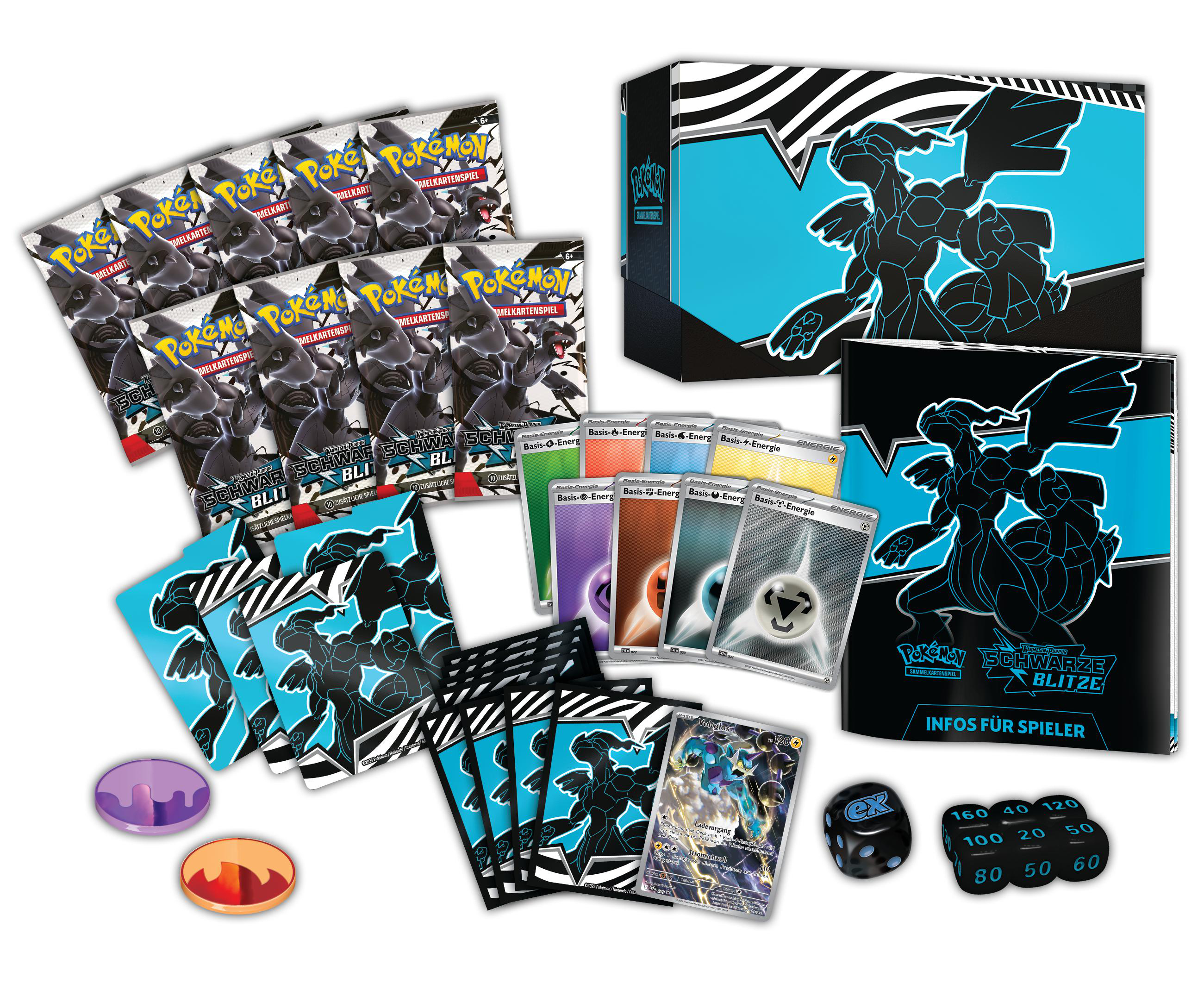 Pokemon-Kartenspiel-Set mit Karten, Würfeln und Token.
