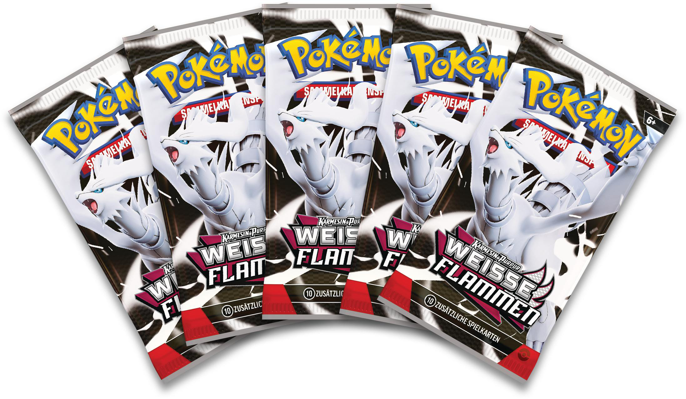 Fünf Pokemon-Kartenpackungen, jeweils mit einem weißen Drachen und dem Text "Weisse Flammen".