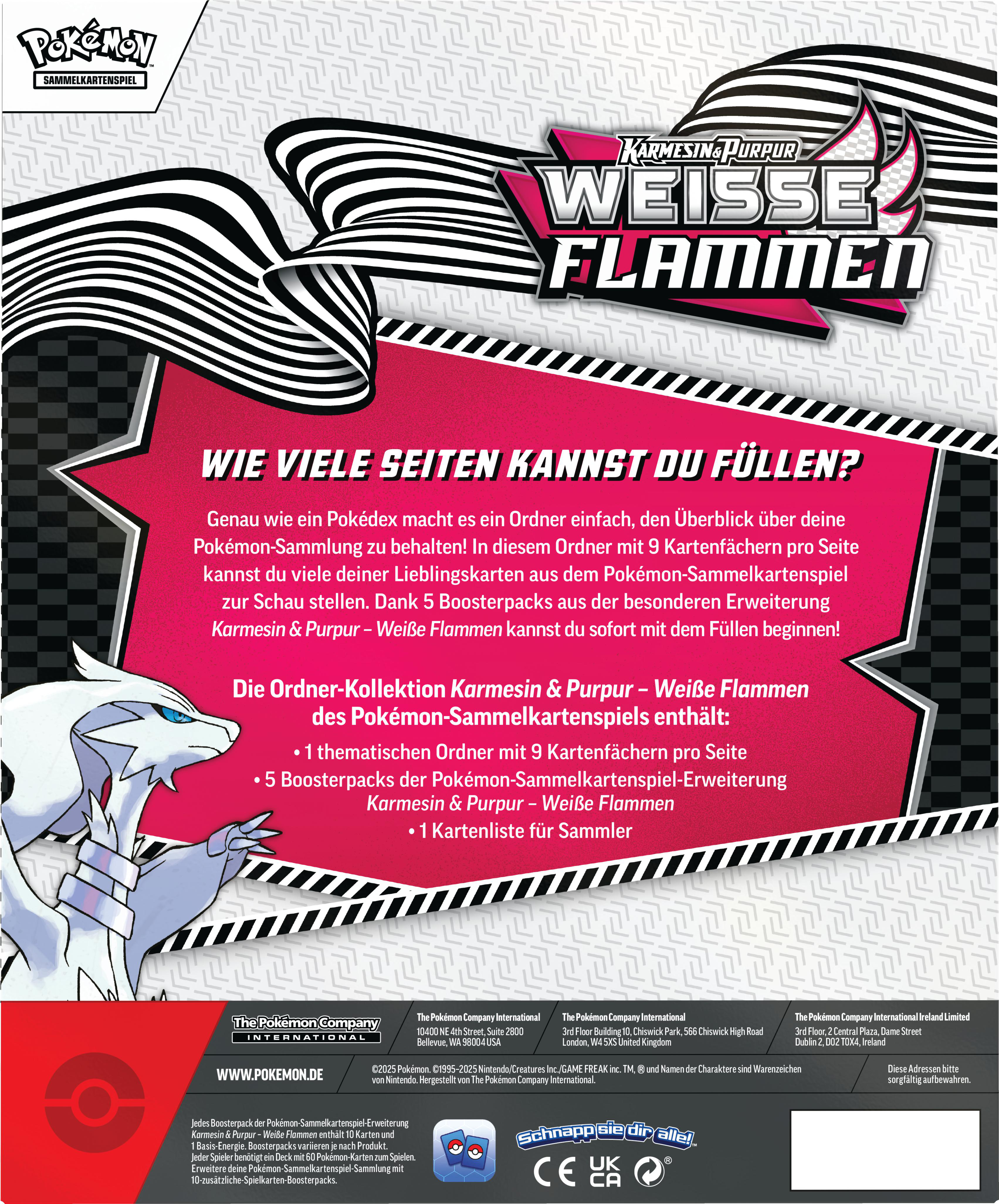 Rückseite einer Pokemon-Kartensammelbox, weiße Drachengrafik, deutscher Text und Produktdetails.