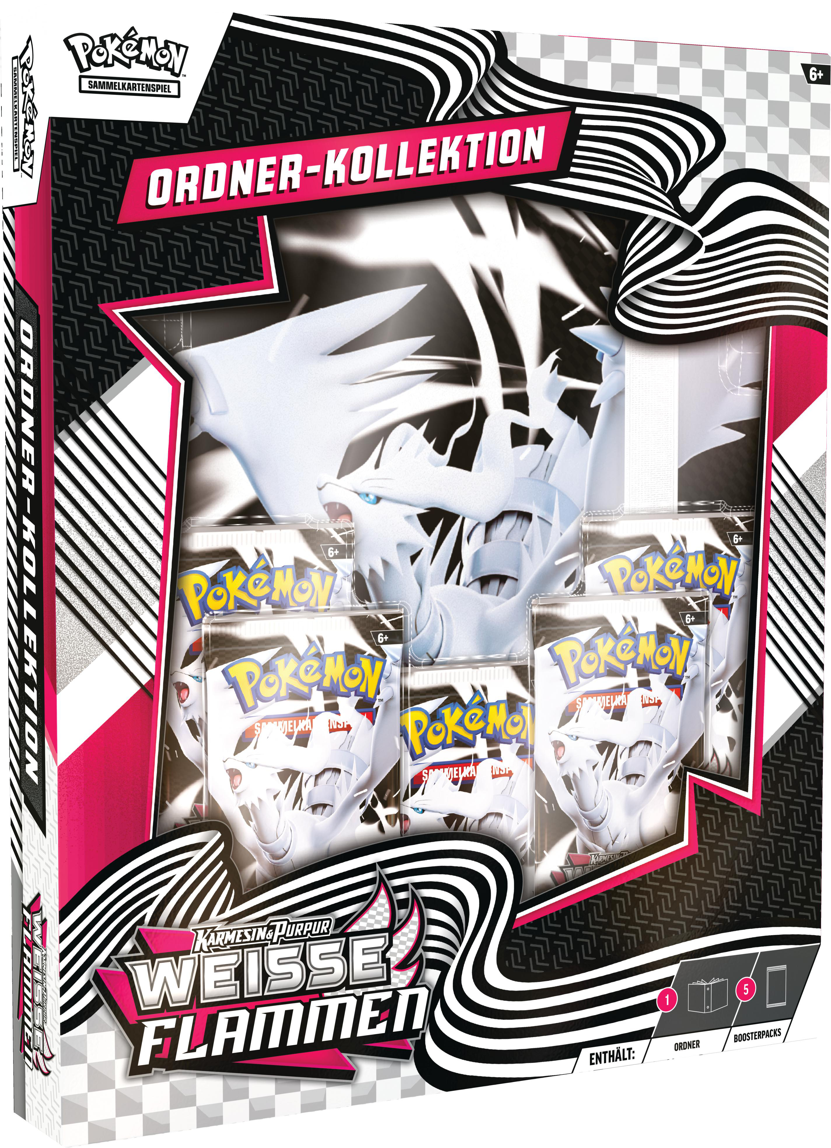 Eine Pokemon-Kartensammelbox mit einer weißen Drachenillustration und darin sichtbaren Kartenpackungen.
