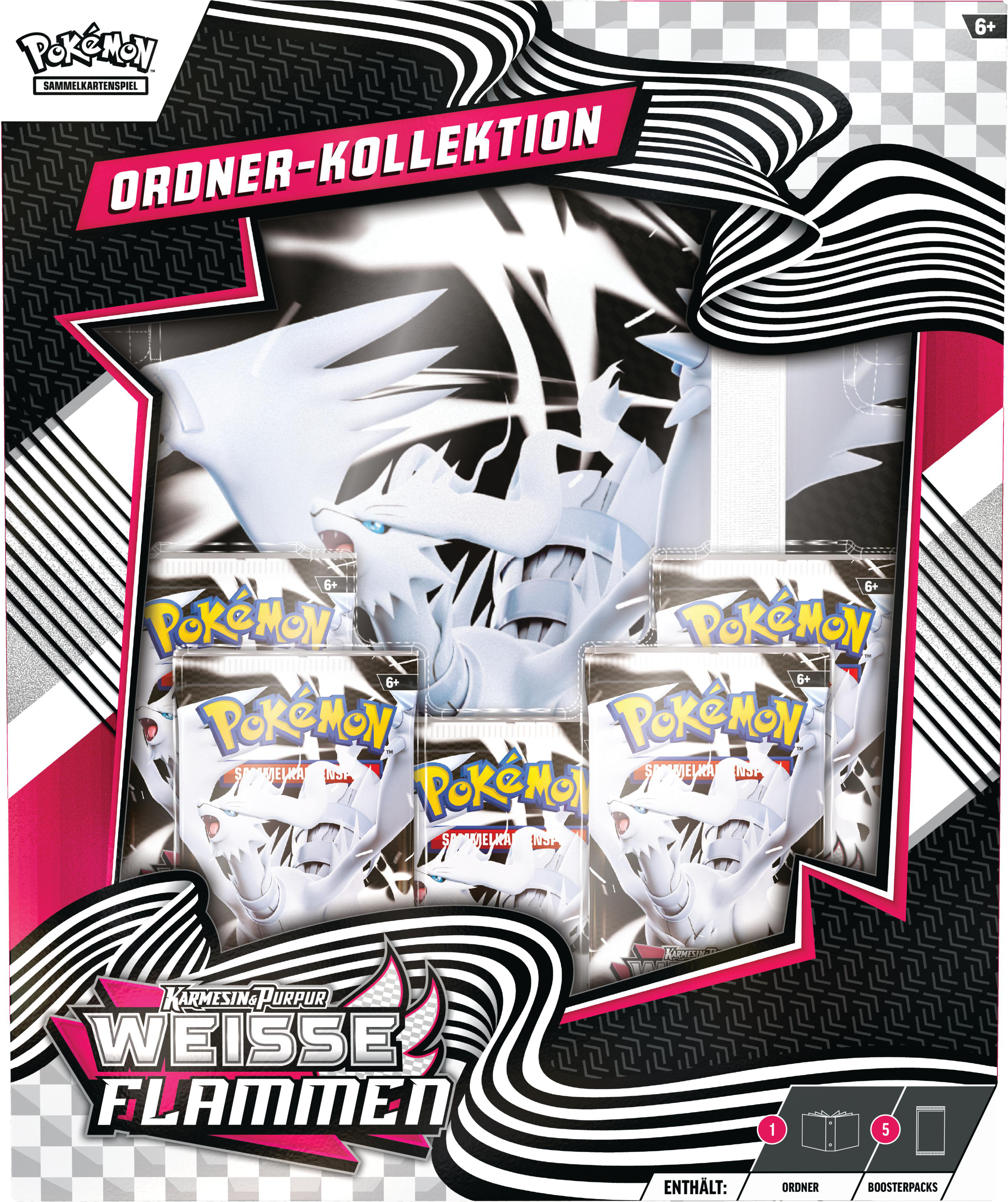 Pokemon-Kartensammelbox mit weißem Drachenbild, Kartenpackungen und einem Ordner im Inneren.