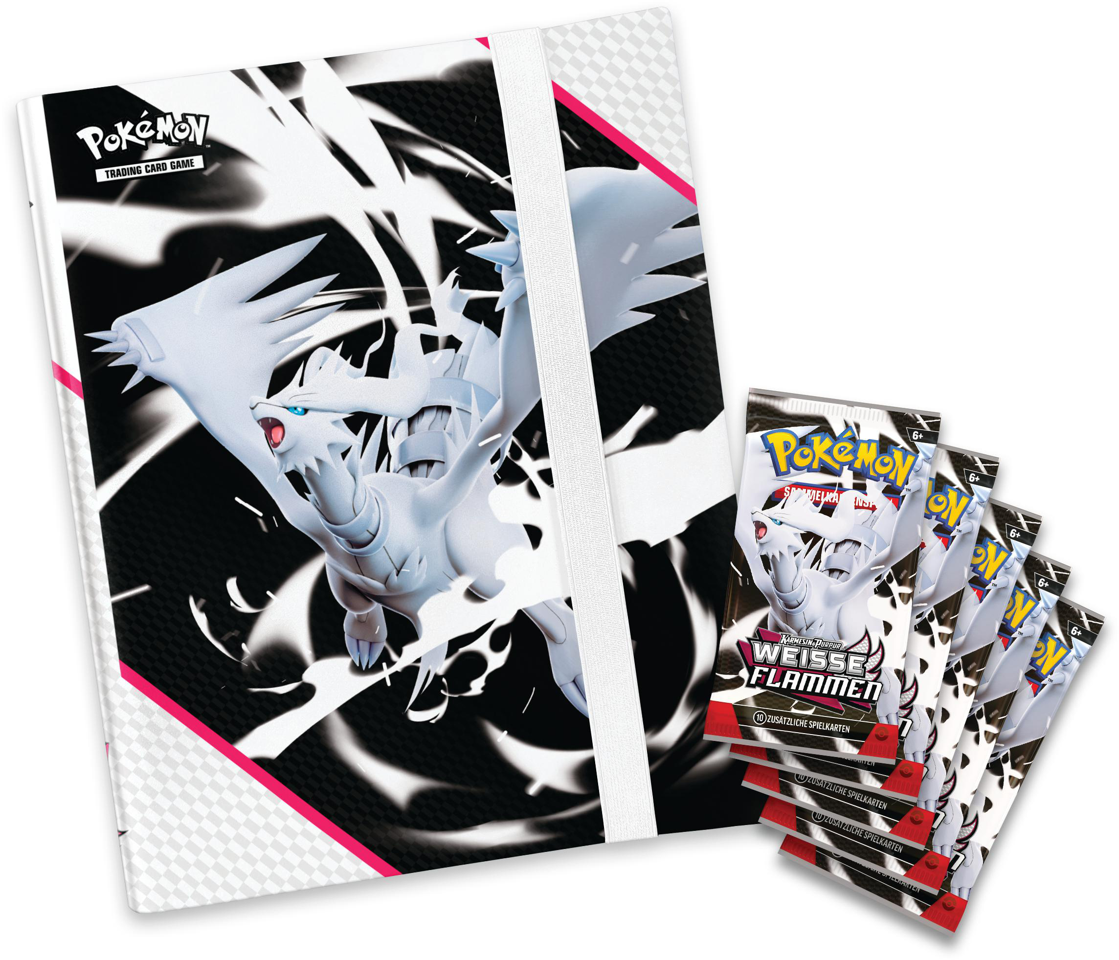 Pokemon-Kartenordner mit einem weißen Drachen auf dem Cover und Kartenpackungen daneben.