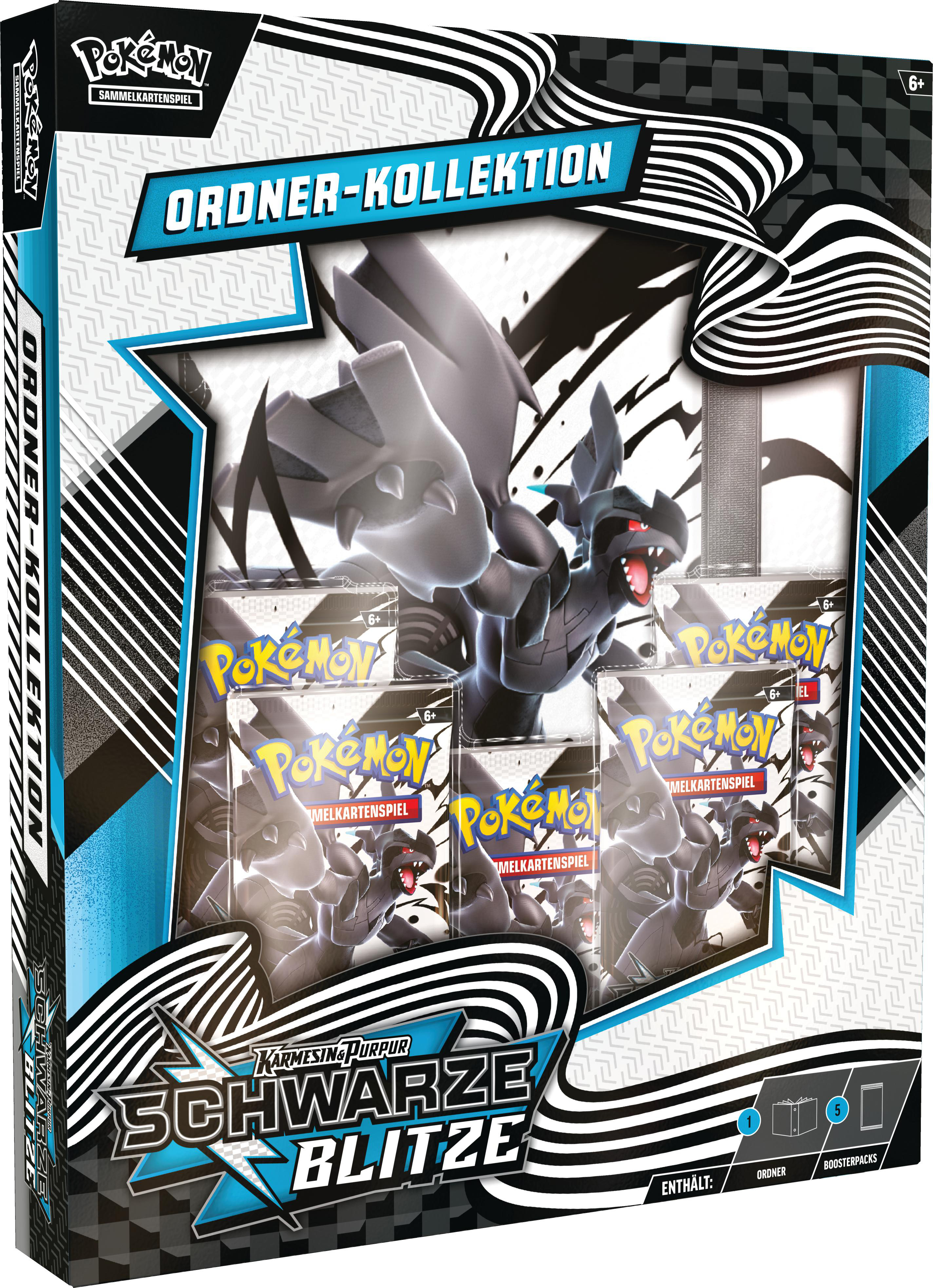 Pokemon-Kartenspiel-Sammelbox mit einem schwarzen Pokémon und Booster-Packs.