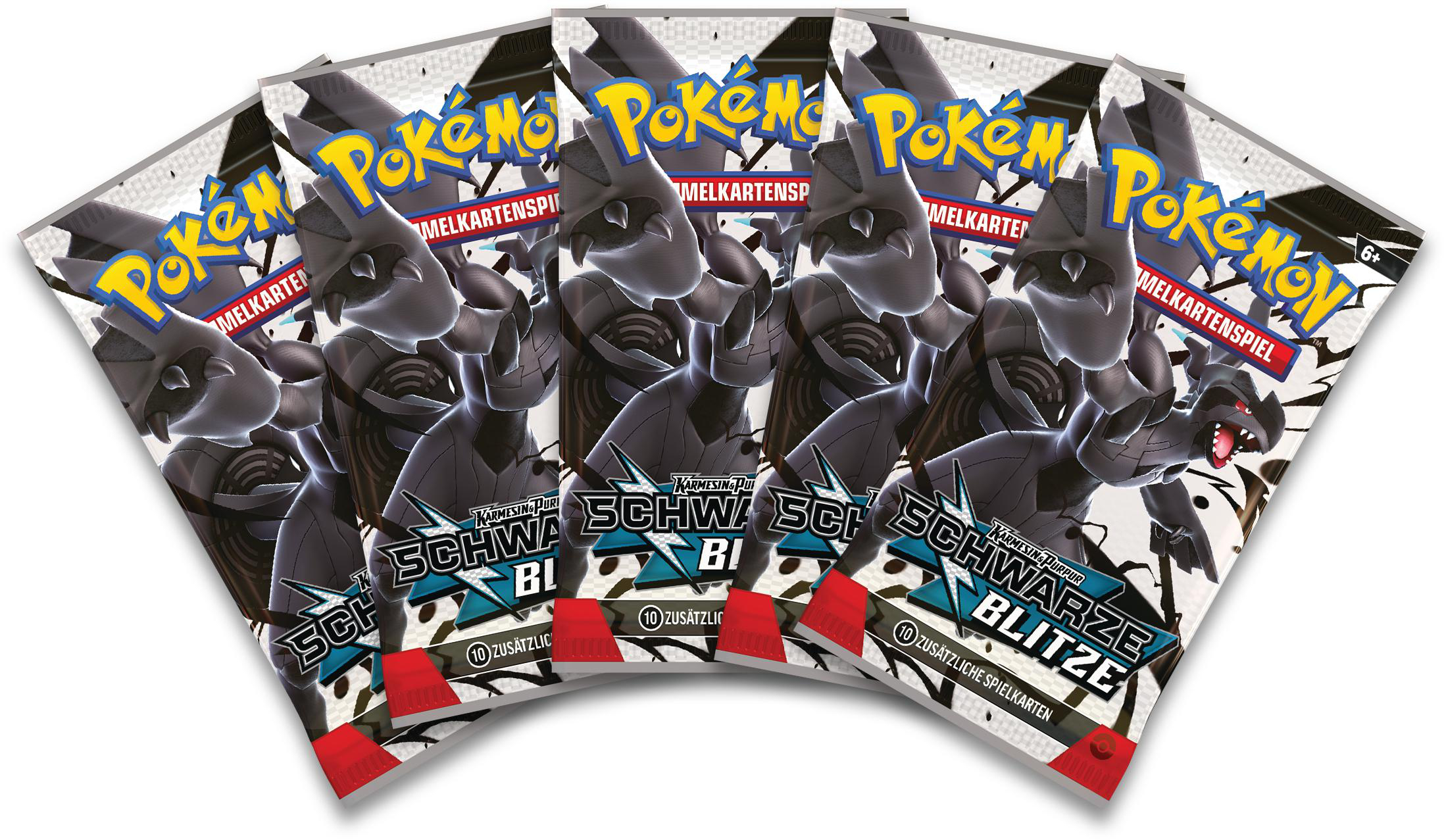 Fünf Pokemon-Kartenpackungen, jeweils mit einem schwarzen Drachen und dem Text "Schwarze Blitze".
