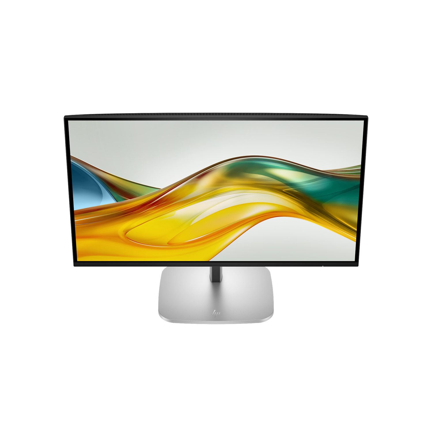 A top-down view of a computer monitor with a silver base, and a curved colorful background.