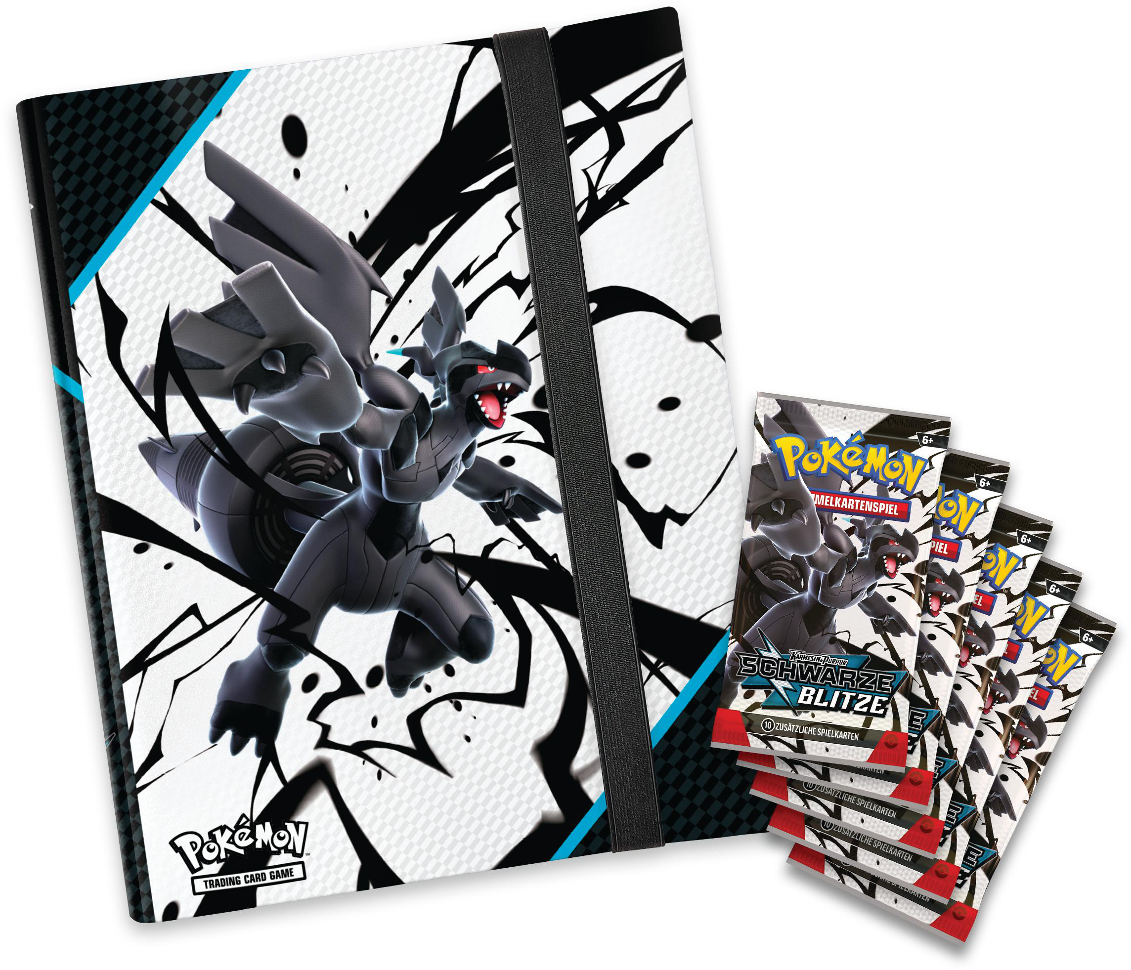 Pokemon-Kartenordner mit einer schwarzen Drachenillustration und Kartenpackungen daneben.
