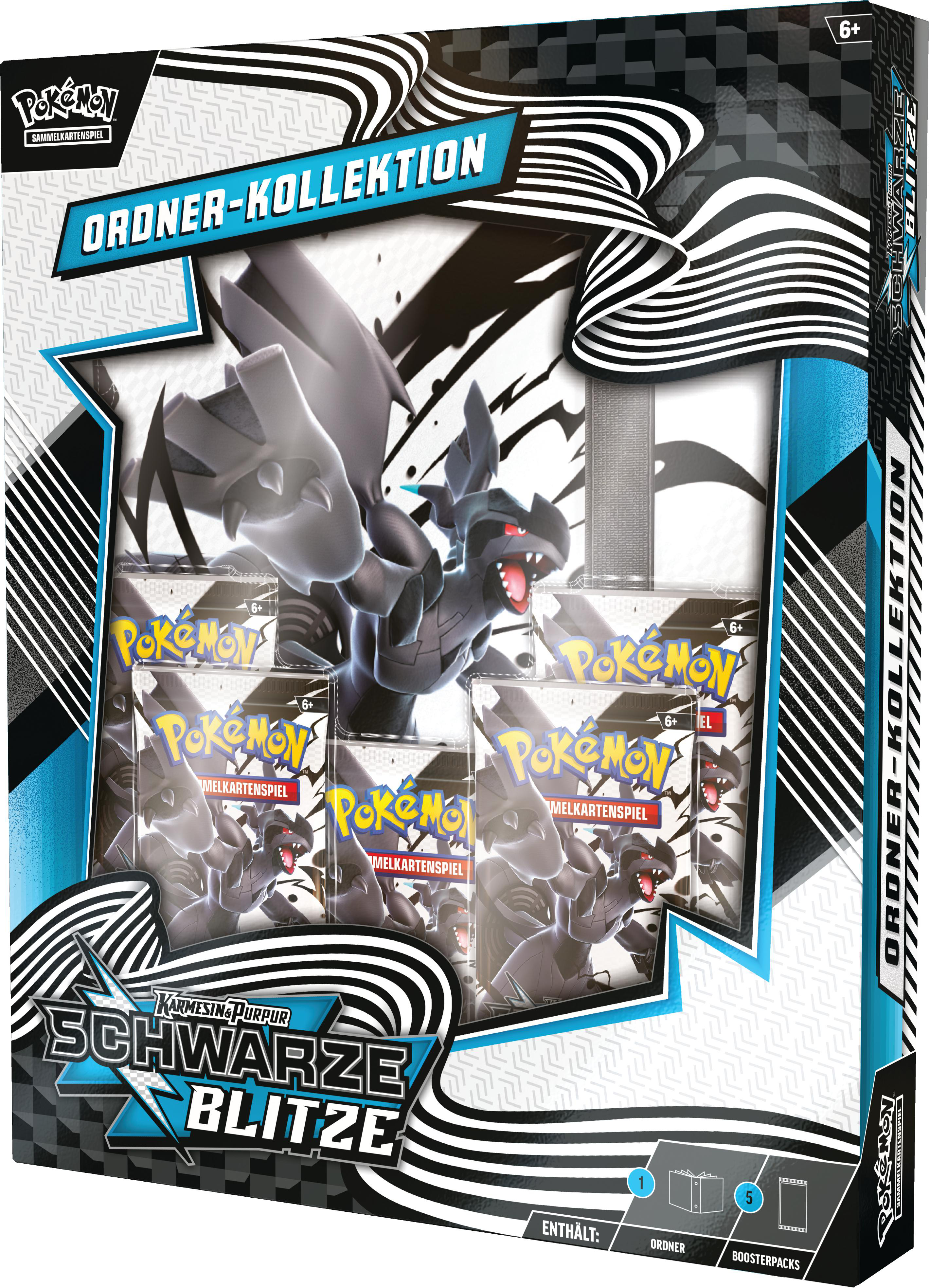 Pokemon-Kartensammelbox mit schwarzem Drachenbild, Kartenpackungen und einem Ordner im Inneren.