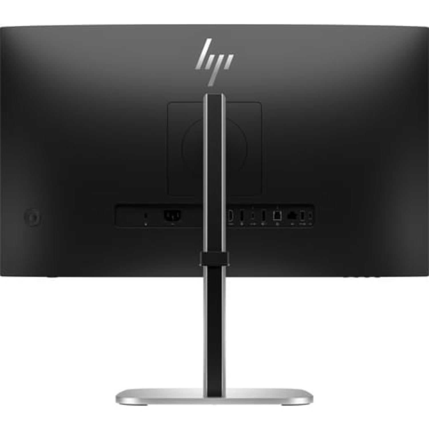 Back of a computer monitor. Black with a stand and ports.