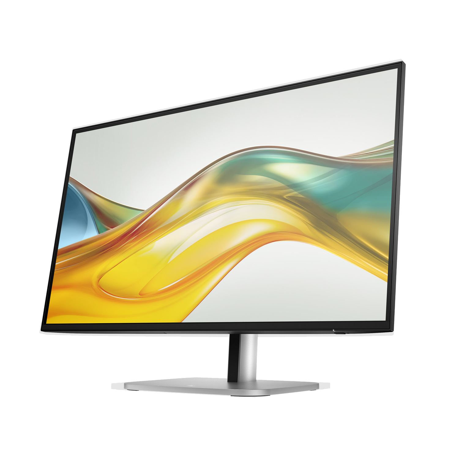 Een slanke monitor met een gebogen scherm toont een kleurrijke abstracte afbeelding, op een zilveren standaard.
