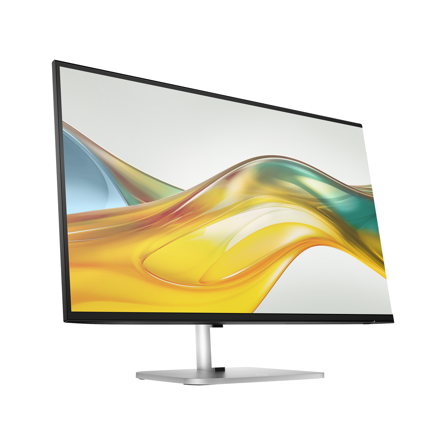 Een slanke monitor met een gebogen scherm toont een kleurrijke abstracte afbeelding, op een zilveren standaard.