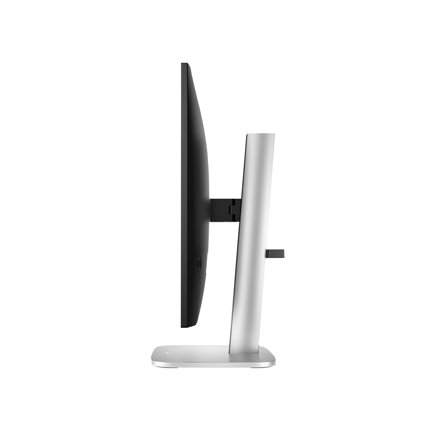 Zijaanzicht van een monitor met zwart scherm, zilveren standaard en zwart frame.