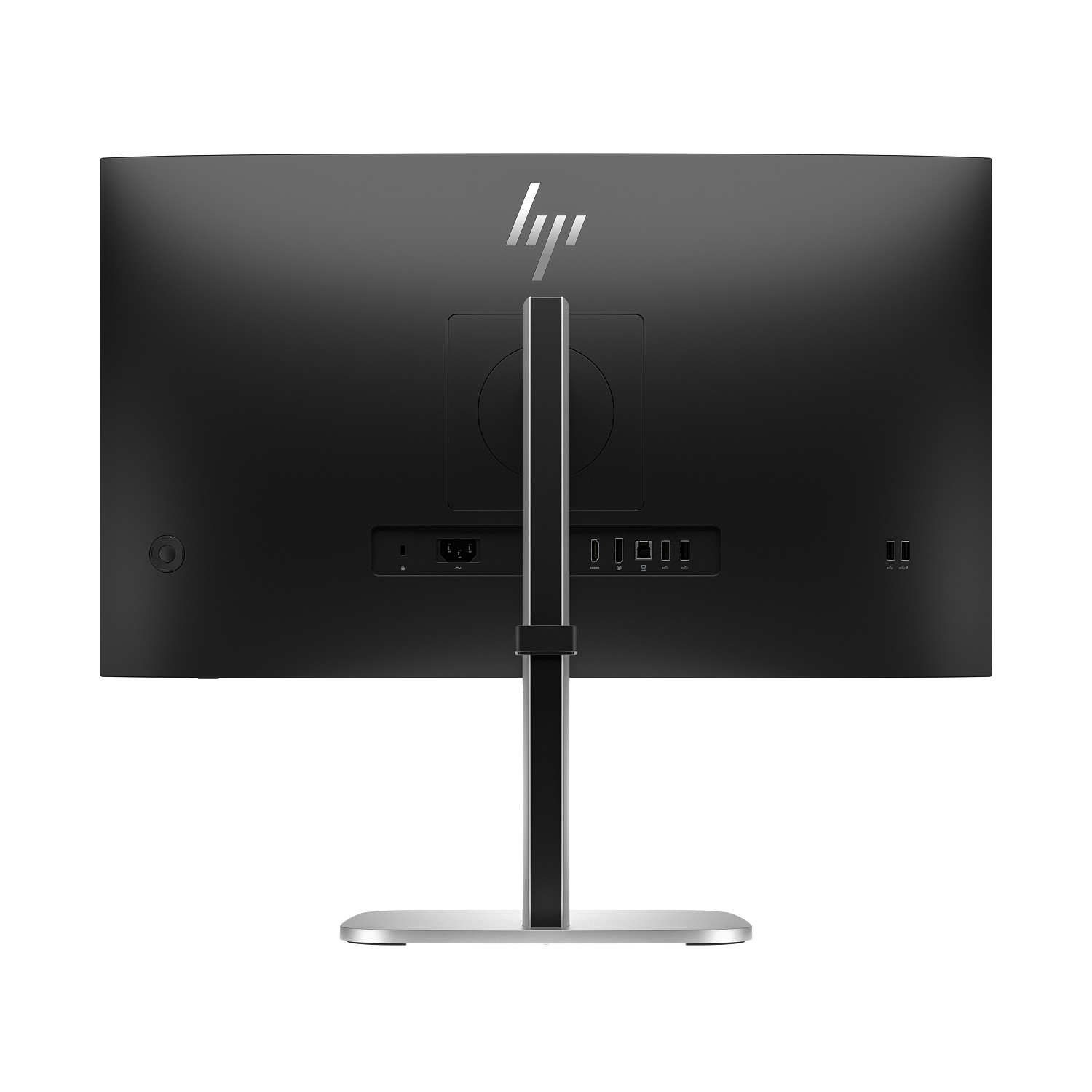 Achteraanzicht van een monitor met zwart scherm en zilveren standaard, HP-logo zichtbaar.