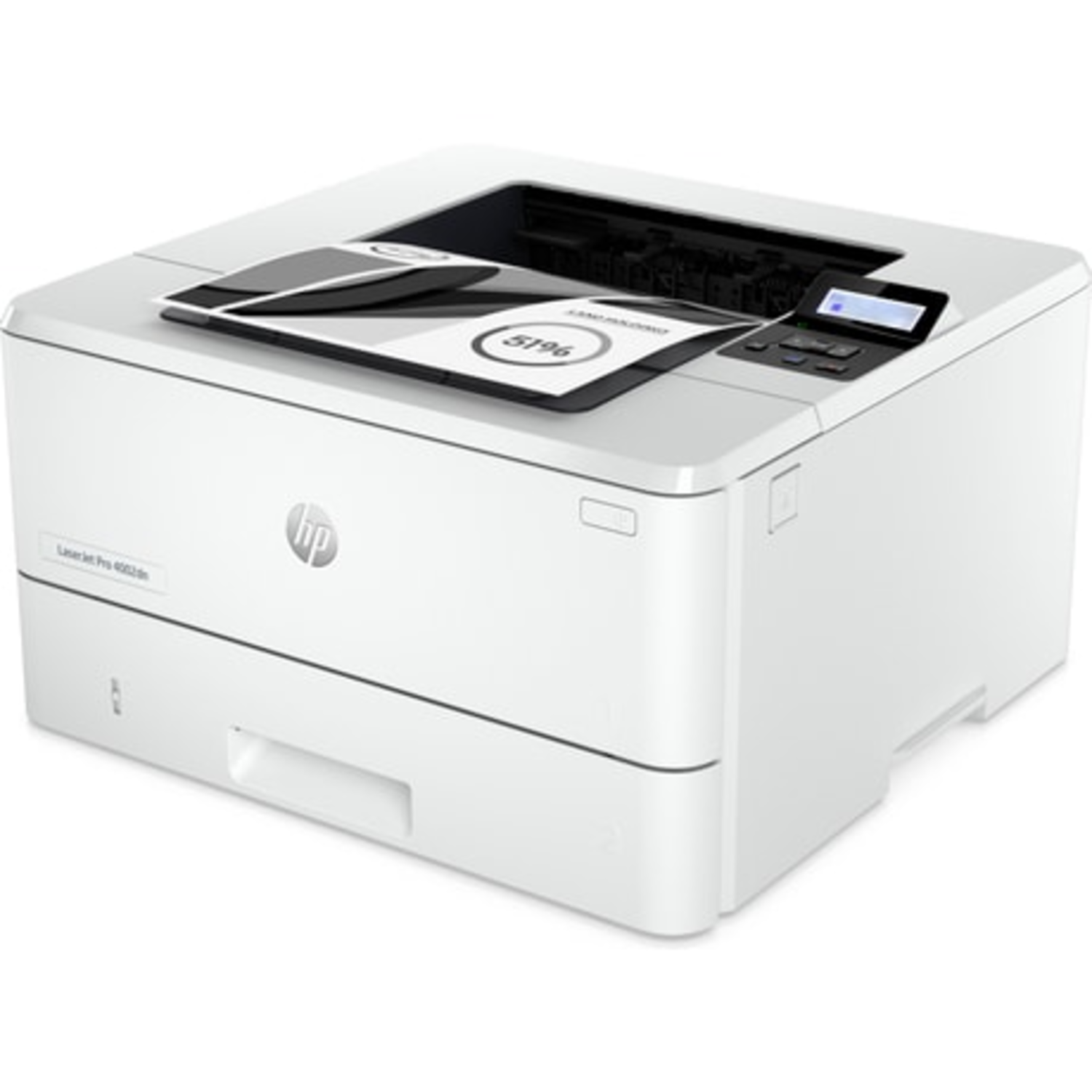 Witte HP-printer met een document erop, met een nummerweergave. Zwart bedieningspaneel zichtbaar.