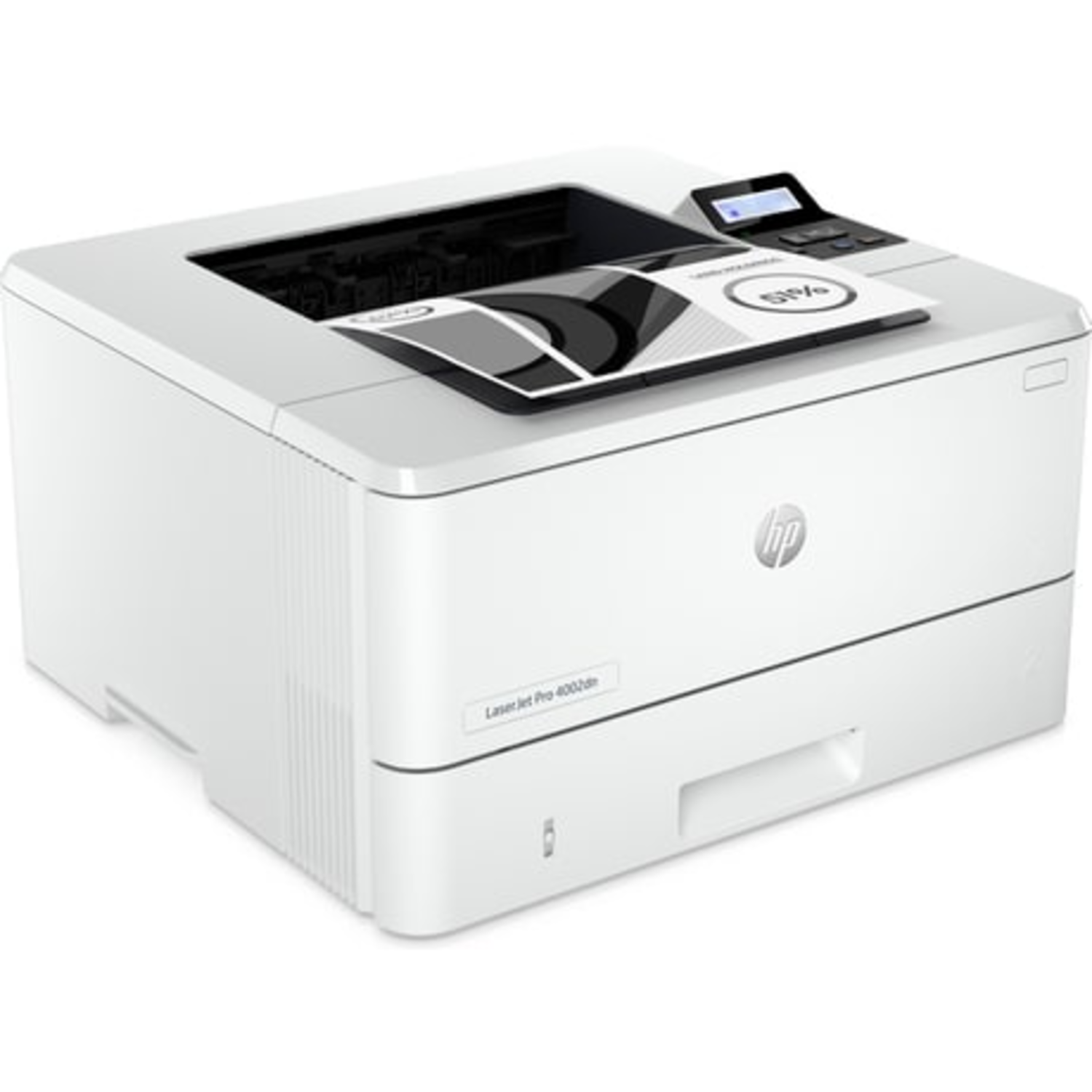 Witte HP-printer met een document erop, met een percentage display. Zwart bedieningspaneel zichtbaar.