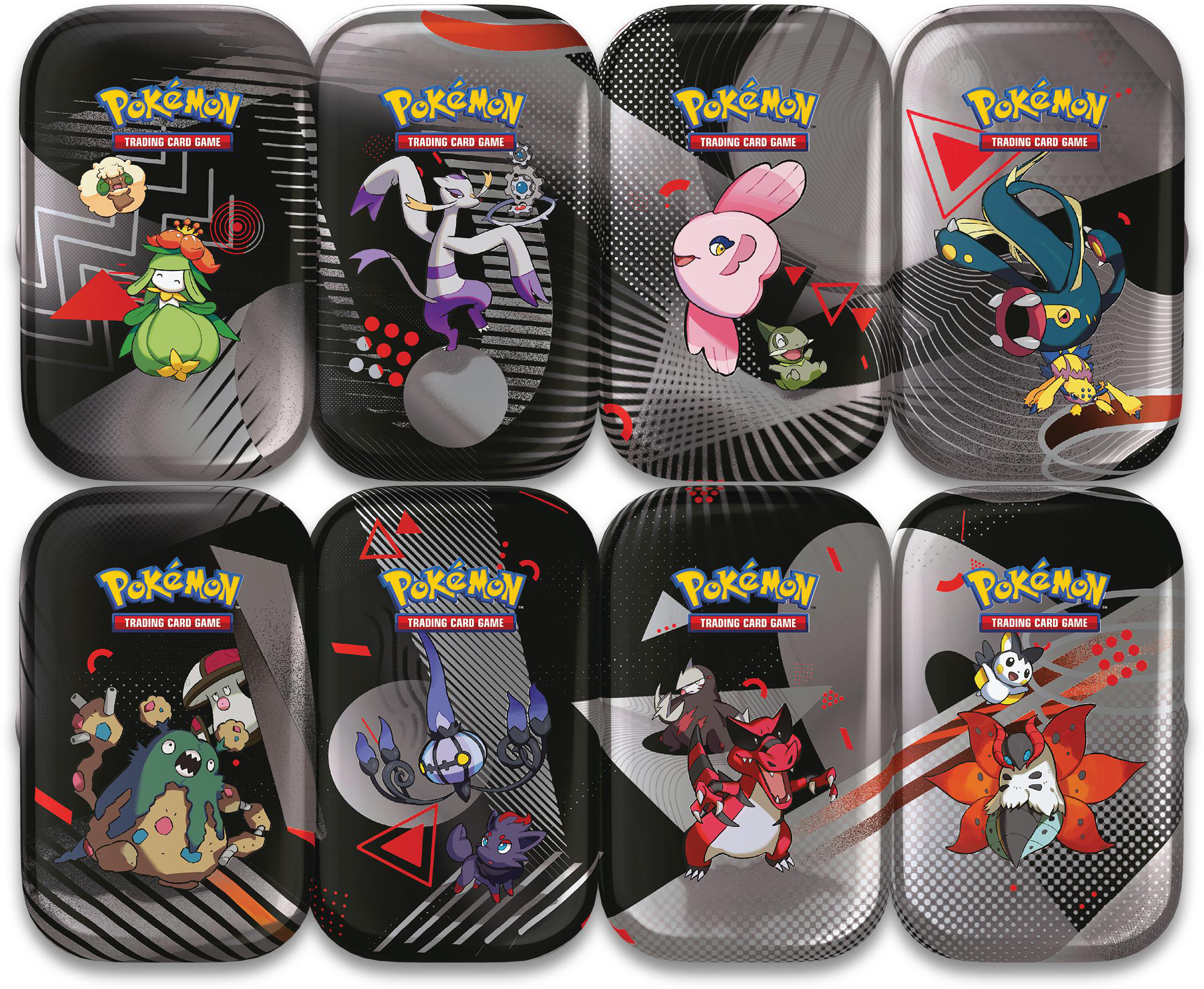 Acht Pokemon-Kartendosen mit verschiedenen Charakterdesigns.