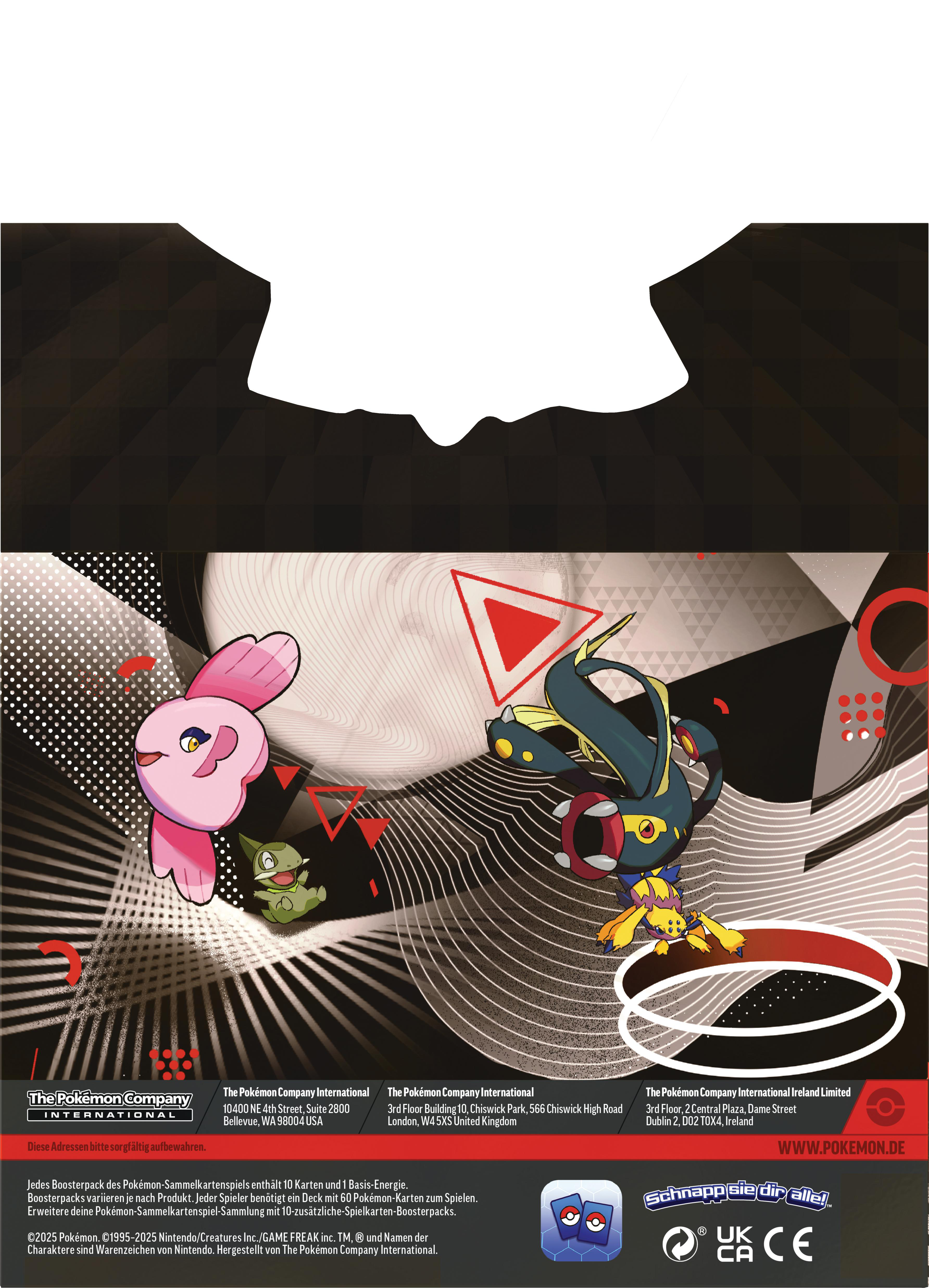 Pokémon-Karten-Boosterpackung mit verschiedenen Pokémon-Charakteren, Logos und Text auf Englisch und anderen Sprachen.