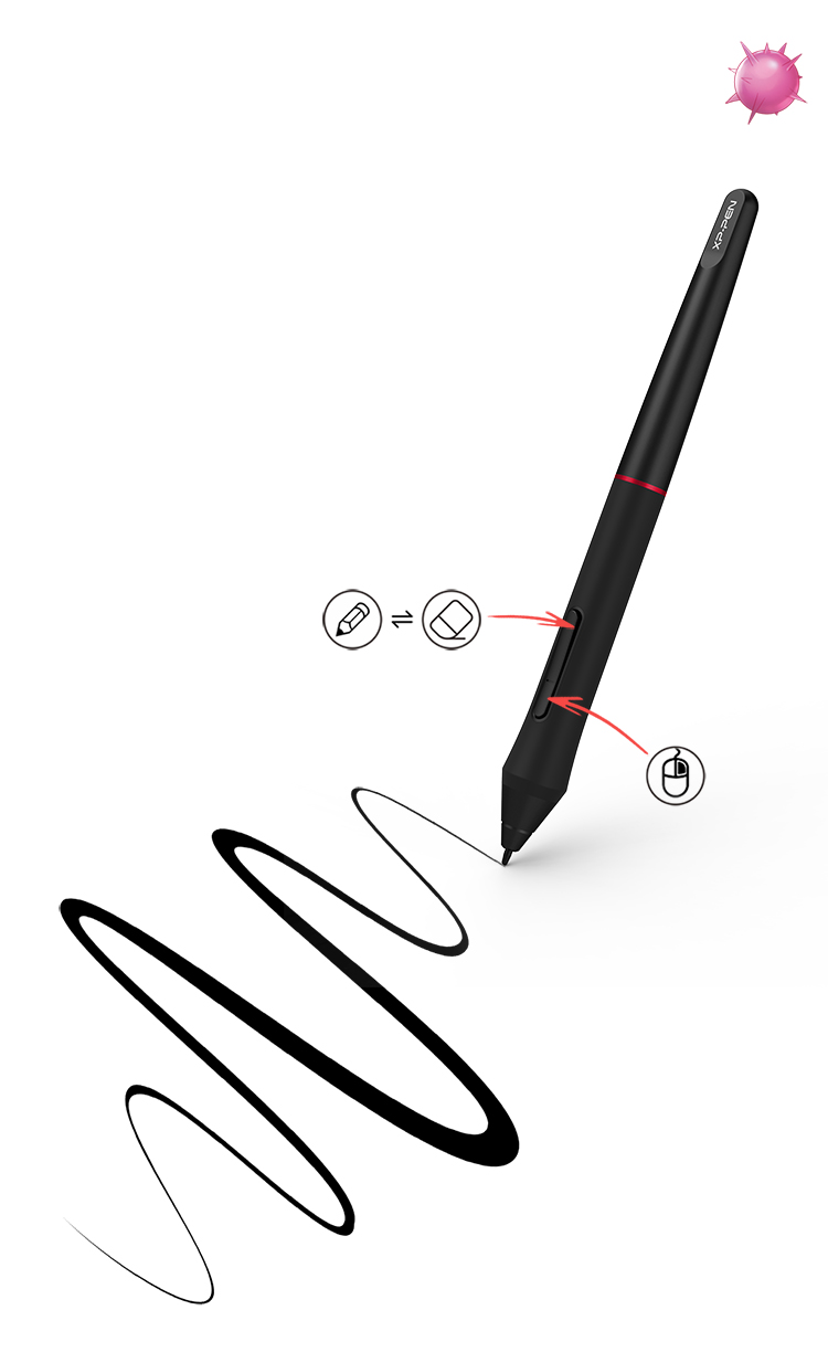 Ein schwarzer Stift zeichnet eine geschwungene Linie. Symbole für Bleistift und Radiergummi werden angezeigt. Maus-Symbol.