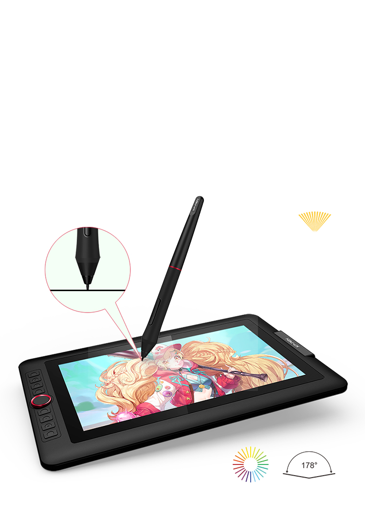 Ein Stift zeichnet auf einem Tablet, das Anime-Artwork anzeigt. Nahaufnahme der Stiftspitze. 178° Winkel.